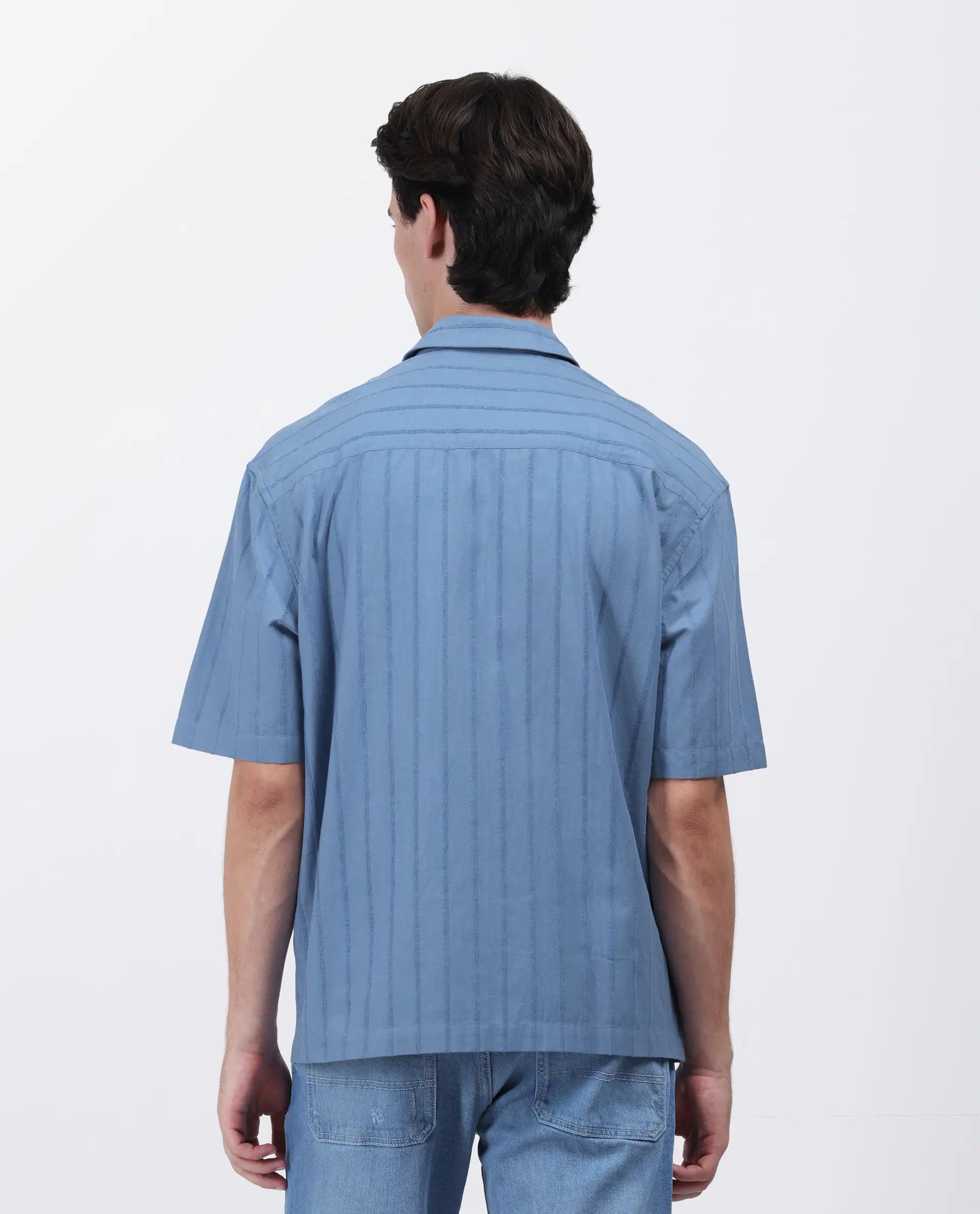 Rare Rabbit Men's Tenerz Dusky Blue Cotton Striped Print Boxy Fit Half Sleeve Collared Shirt