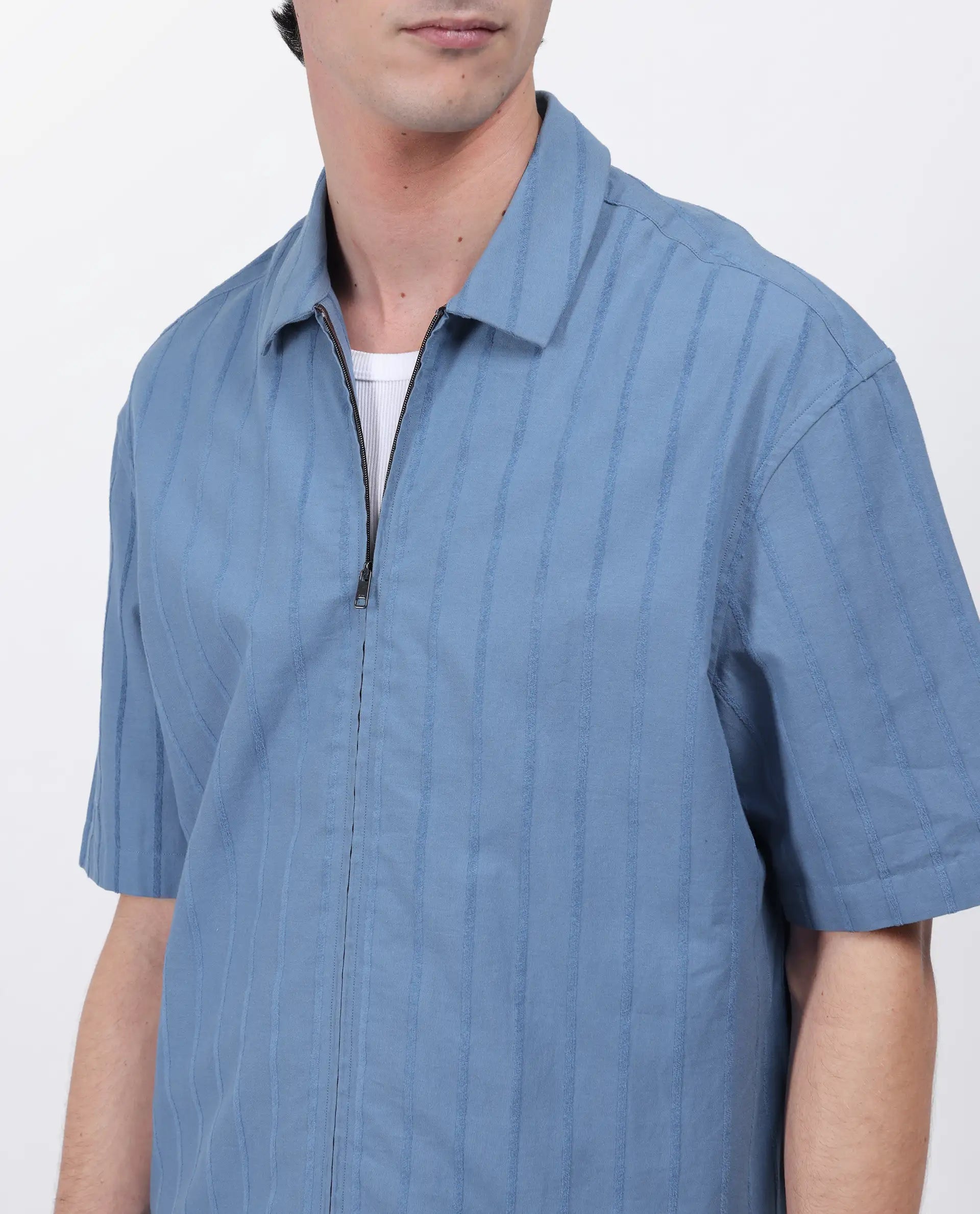 Rare Rabbit Men's Tenerz Dusky Blue Cotton Striped Print Boxy Fit Half Sleeve Collared Shirt