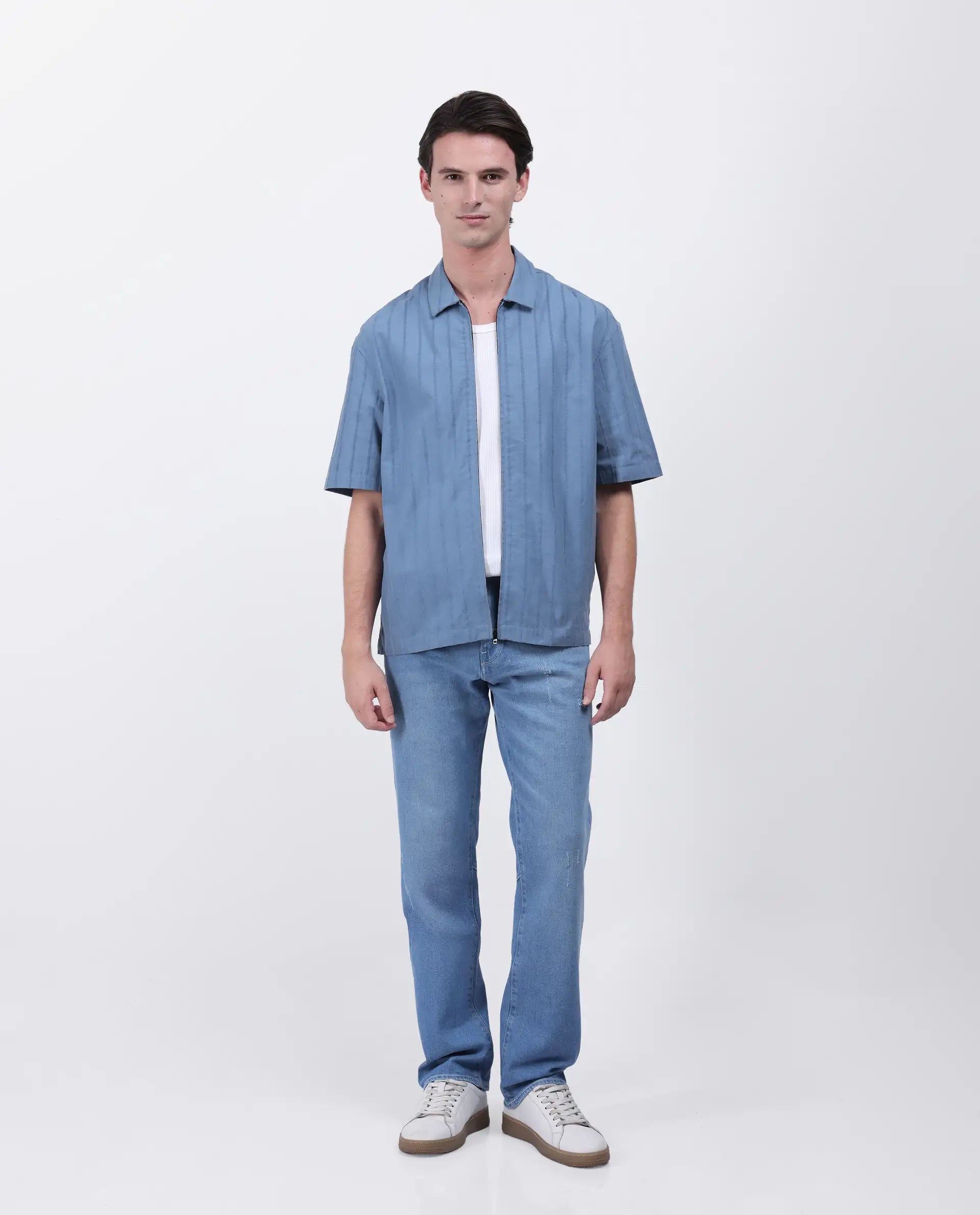 Rare Rabbit Men's Tenerz Dusky Blue Cotton Striped Print Boxy Fit Half Sleeve Collared Shirt