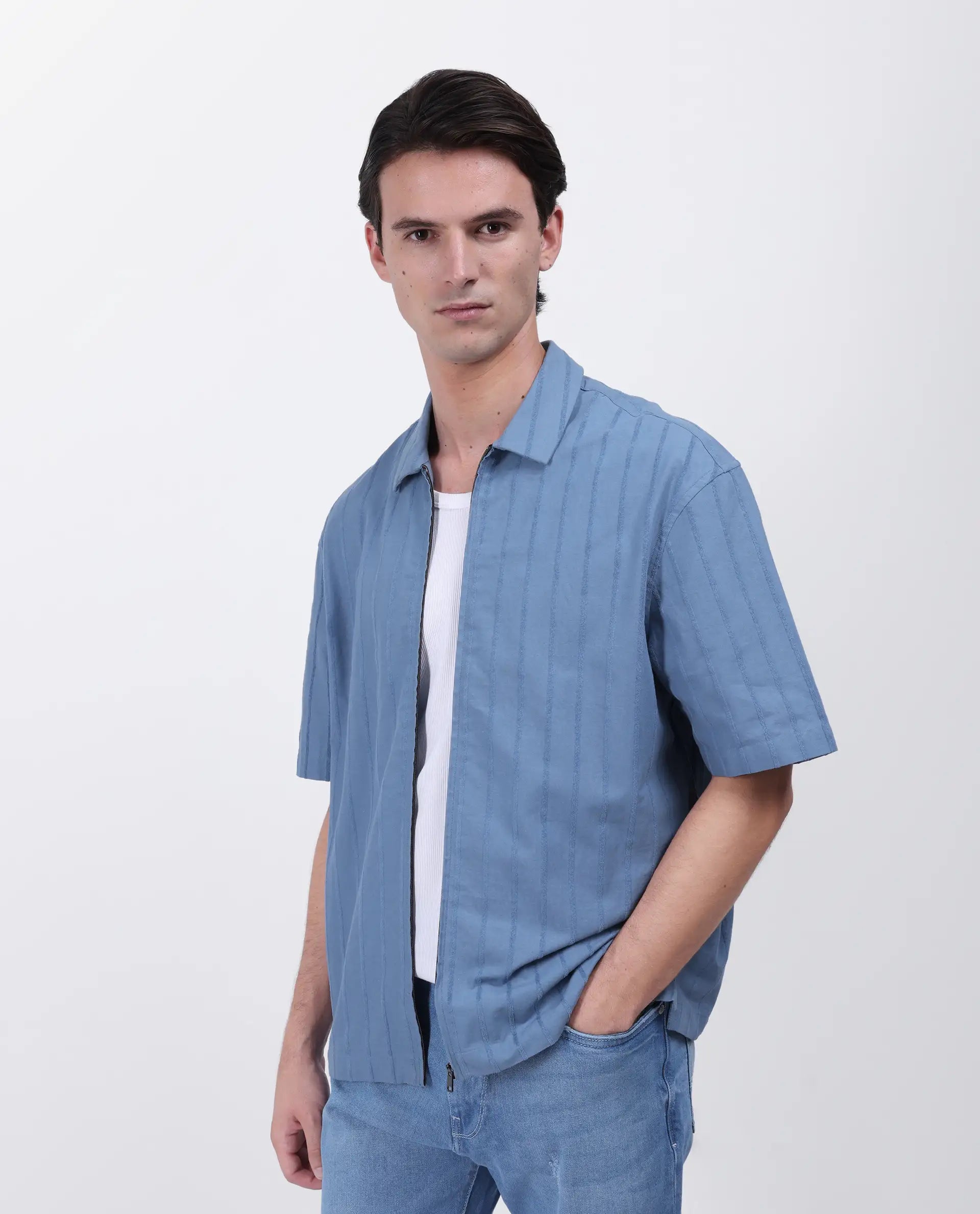 Rare Rabbit Men's Tenerz Dusky Blue Cotton Striped Print Boxy Fit Half Sleeve Collared Shirt