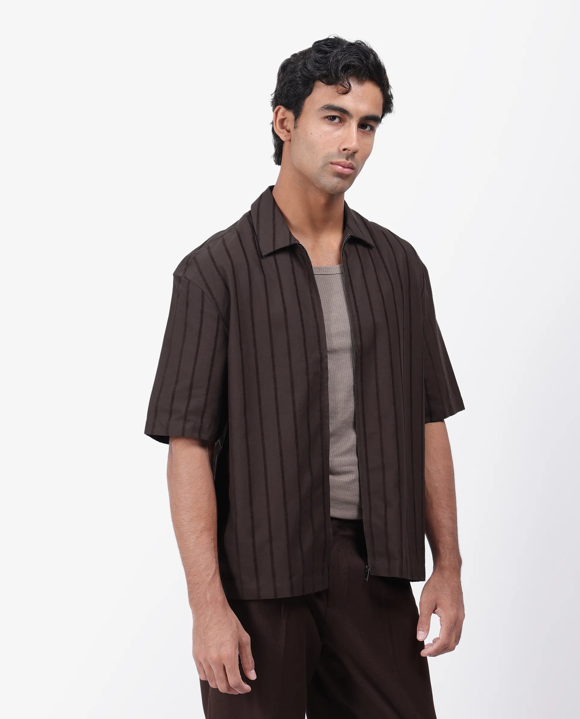 Rare Rabbit Men's Tenerz Dark Brown Cotton Striped Print Boxy Fit Half Sleeve Collared Shirt