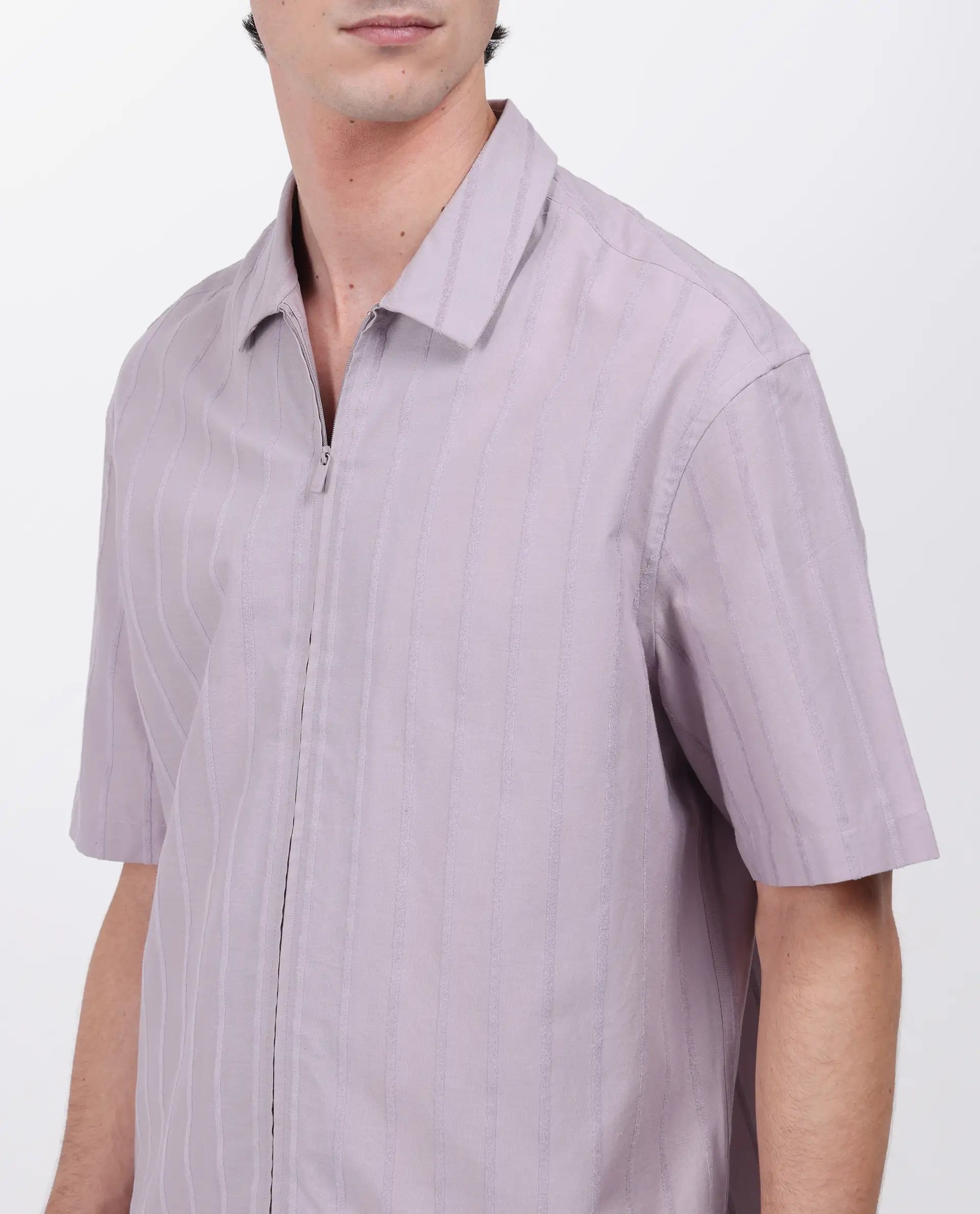 Rare Rabbit Men's Tenerz Dusky Purple Cotton Striped Print Boxy Fit Half Sleeve Collared Shirt