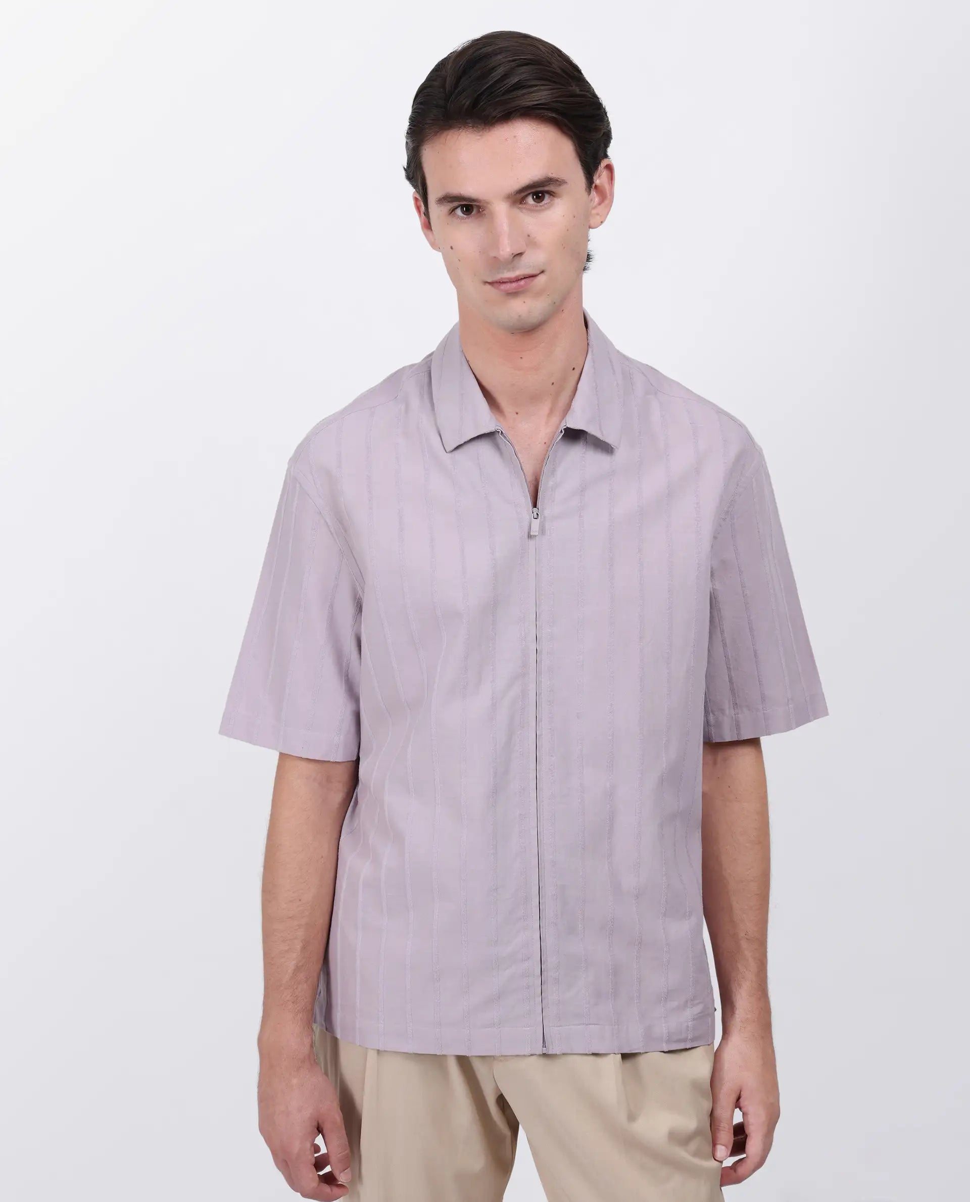 Rare Rabbit Men's Tenerz Dusky Purple Cotton Striped Print Boxy Fit Half Sleeve Collared Shirt