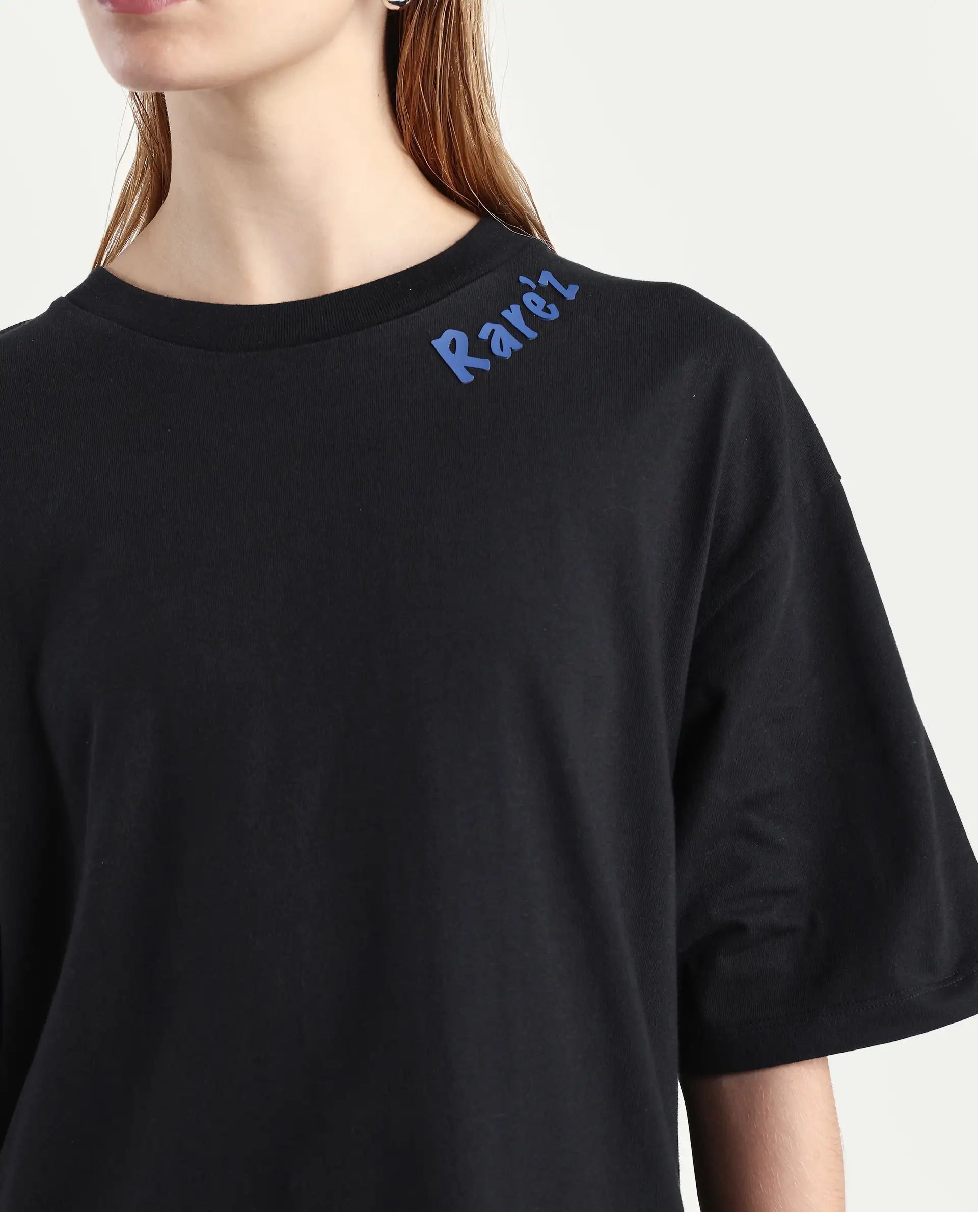 Rareism Women's Tenk Black Cotton Graphic Print Oversized T-Shirt