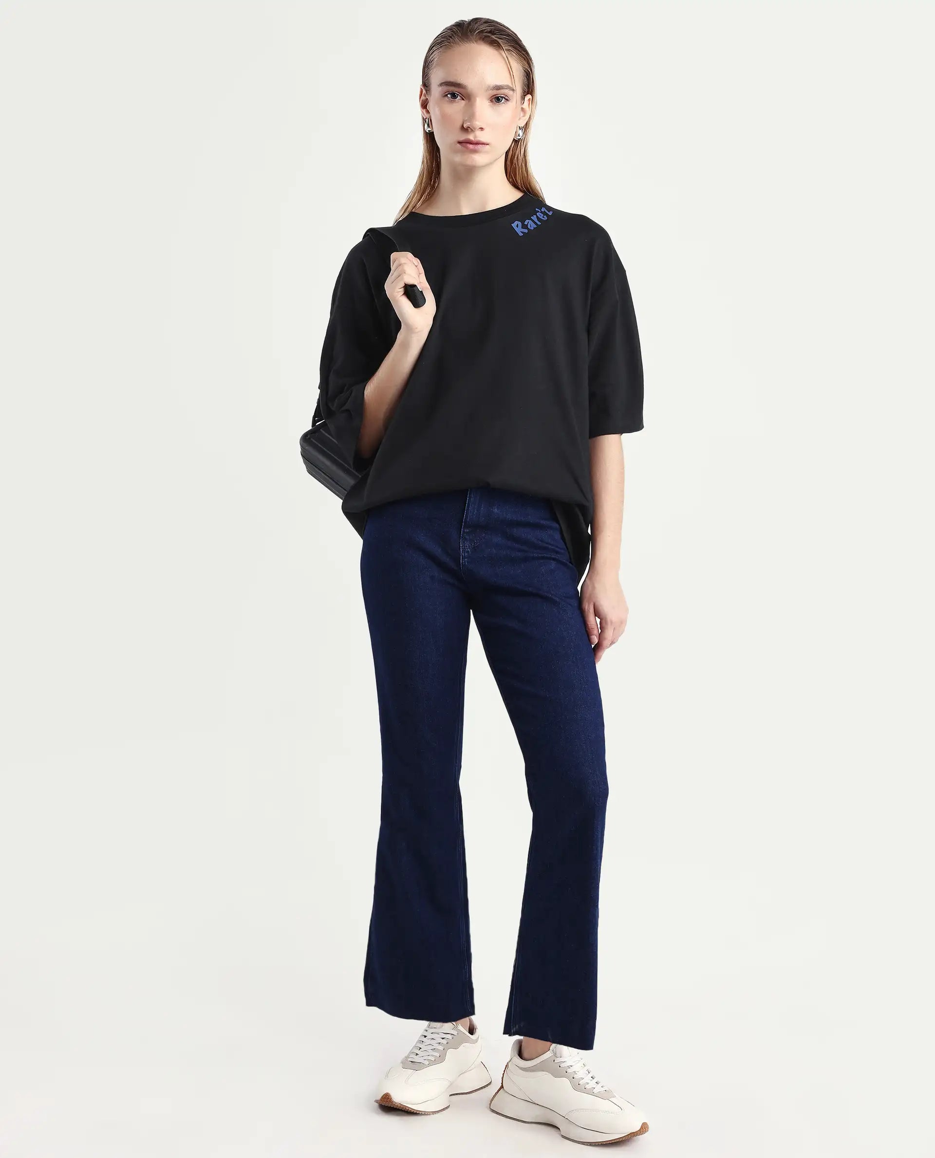 Rareism Women's Tenk Black Cotton Graphic Print Oversized T-Shirt