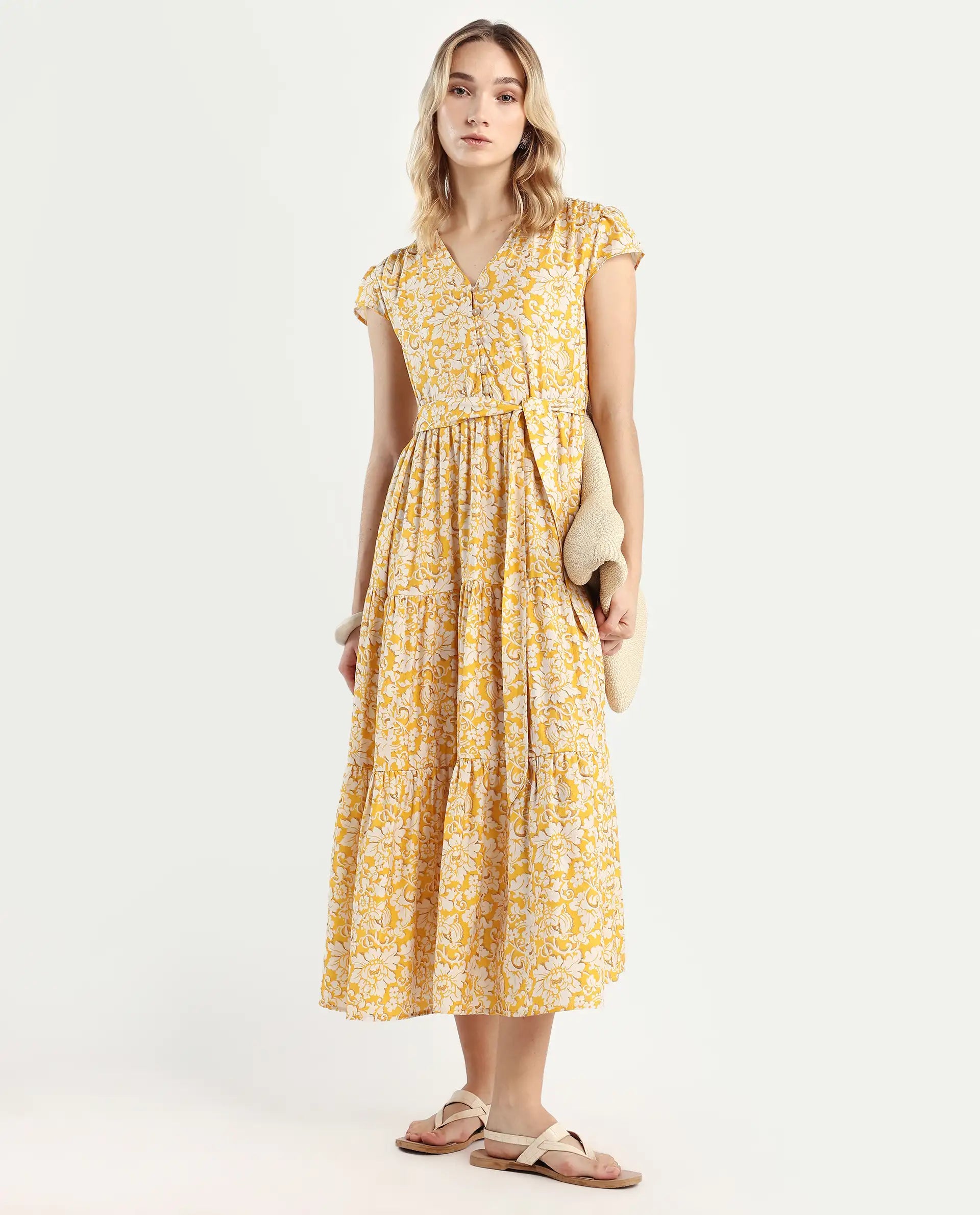 Rareism Women's Tenna Yellow Viscose Blend V-Neck Floral Print Cap Sleeve Midi Fit And Flare Dress