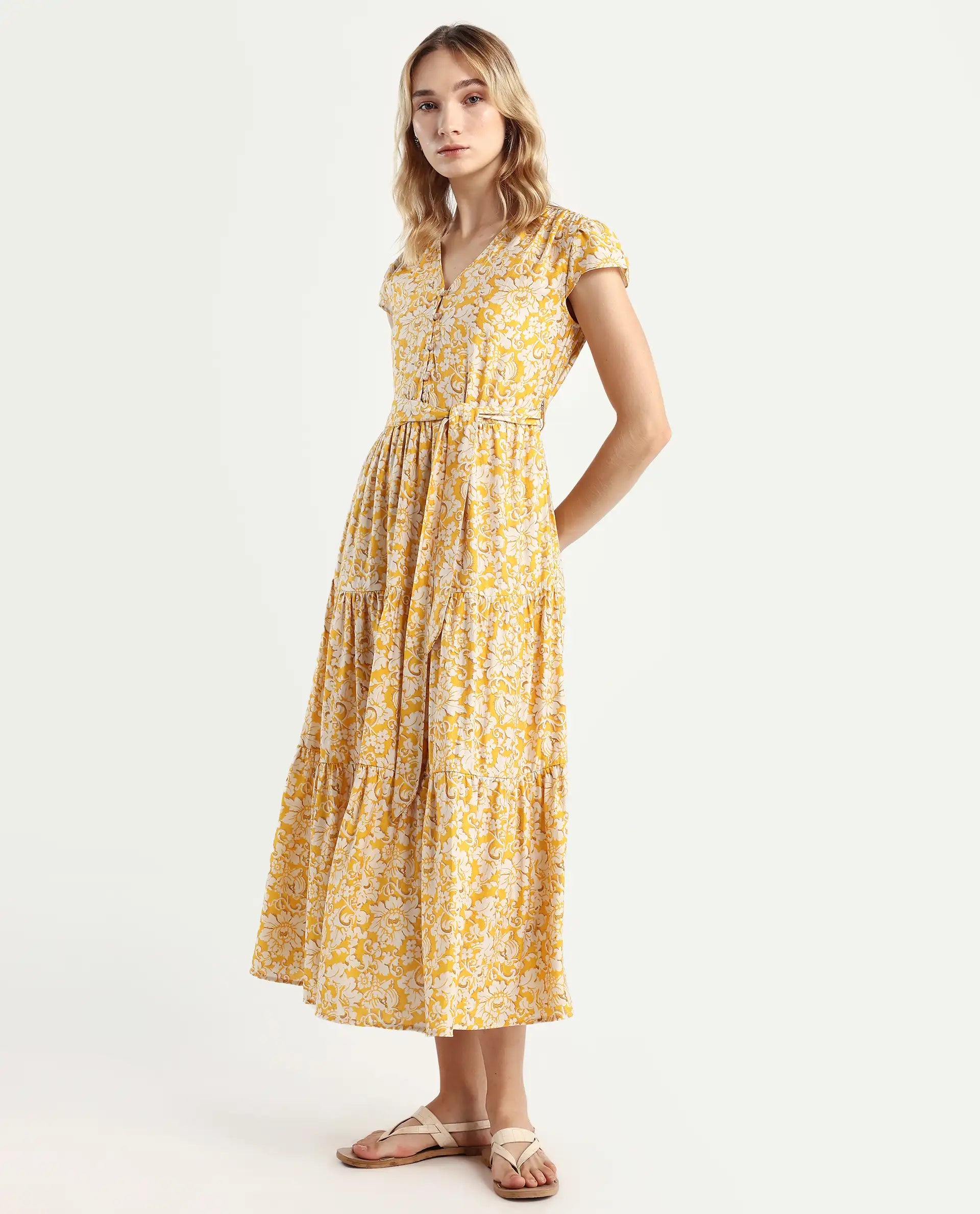 Rareism Women's Tenna Yellow Viscose Blend V-Neck Floral Print Cap Sleeve Midi Fit And Flare Dress