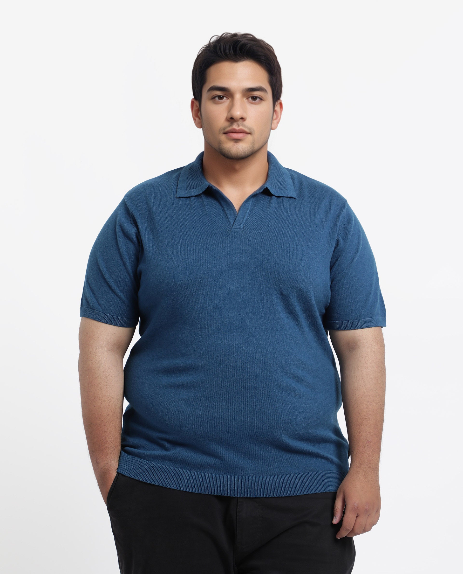 Rare Rabbit Men's Teny-L Dark Blue Cotton Blend Plain Plus Size Half Sleeve Polo
