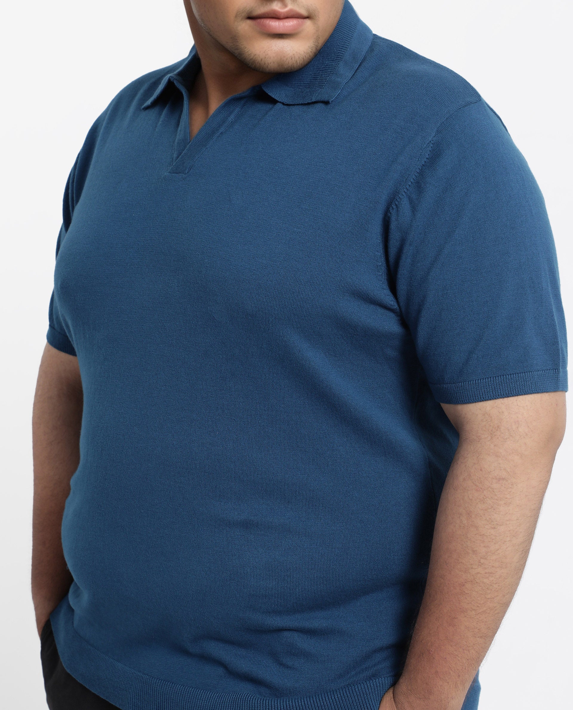 Rare Rabbit Men's Teny-L Dark Blue Cotton Blend Plain Plus Size Half Sleeve Polo