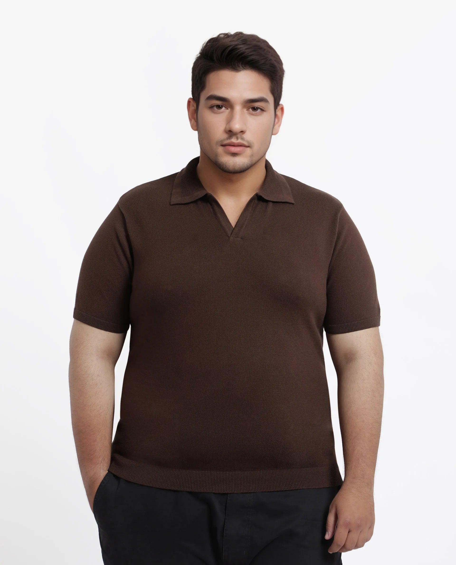 Rare Rabbit Men's Teny-L Dark Brown Cotton Blend Plain Plus Size Half Sleeve Polo