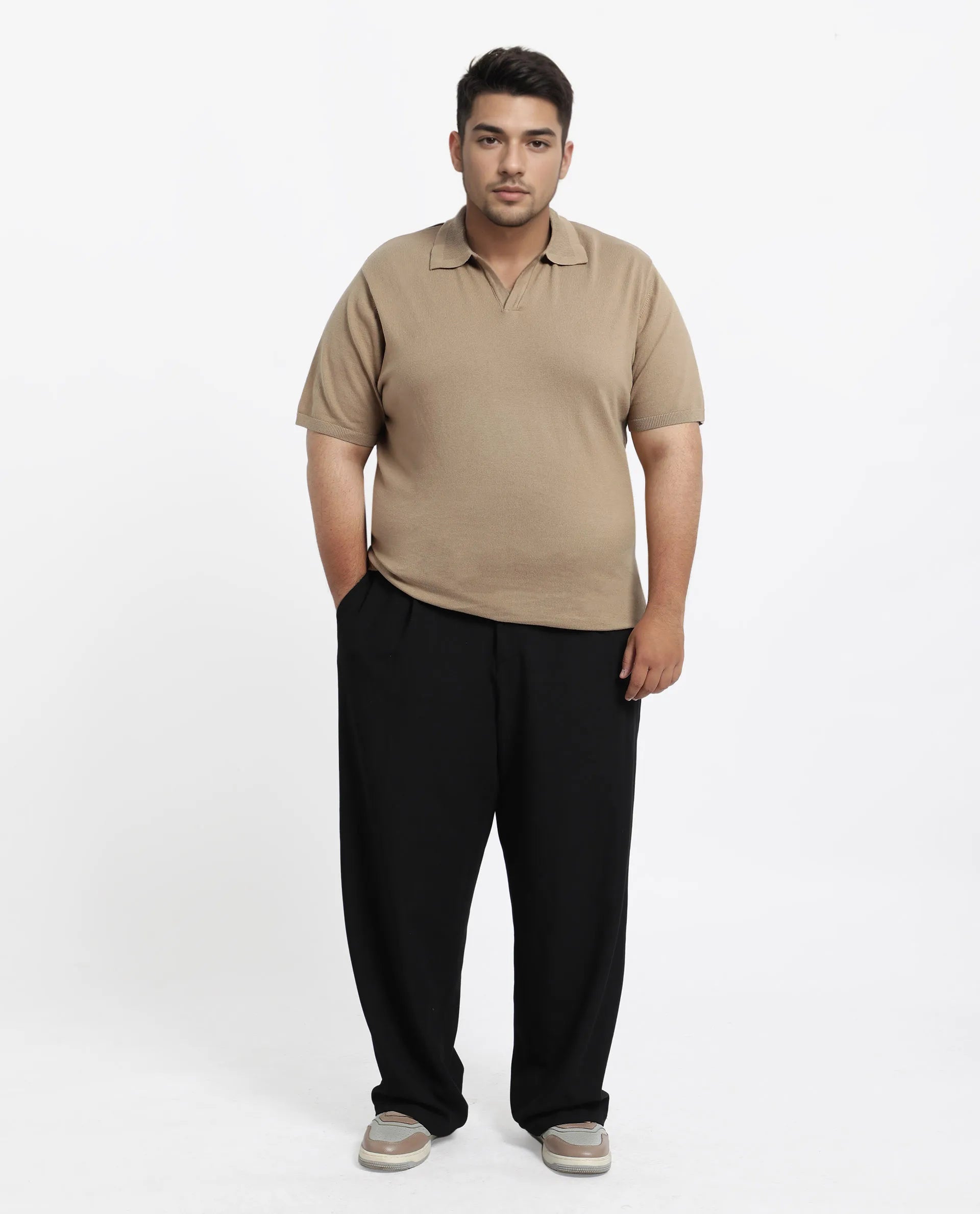 Rare Rabbit Men's Teny-L Khaki Cotton Blend Plain Plus Size Half Sleeve Polo