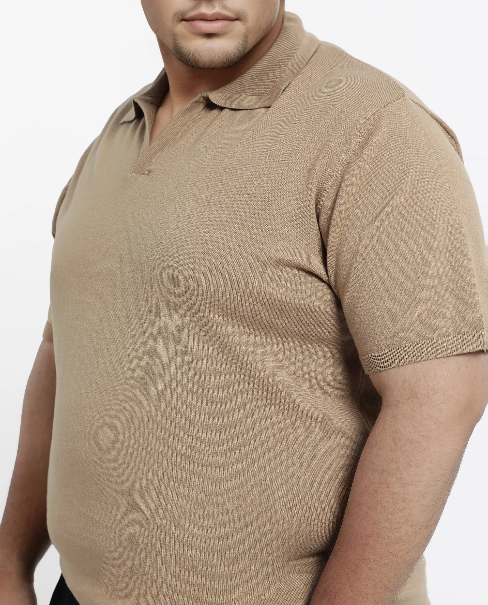 Rare Rabbit Men's Teny-L Khaki Cotton Blend Plain Plus Size Half Sleeve Polo