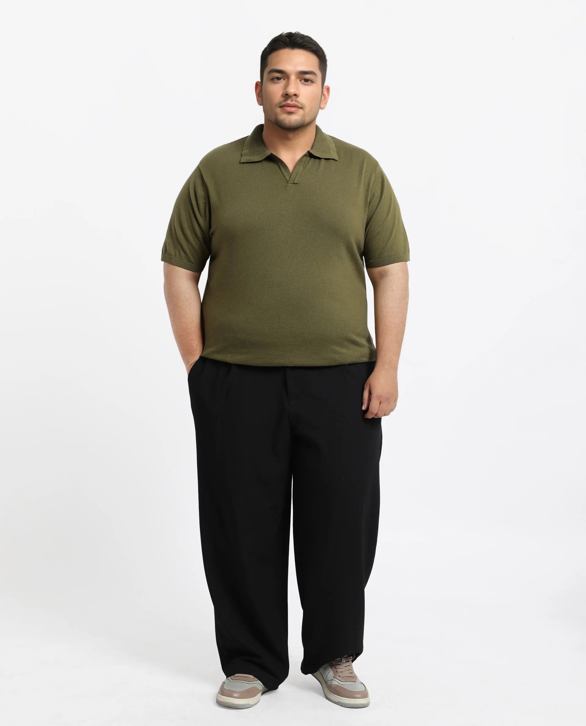 Rare Rabbit Men's Teny-L Olive Cotton Blend Plain Plus Size Half Sleeve Polo