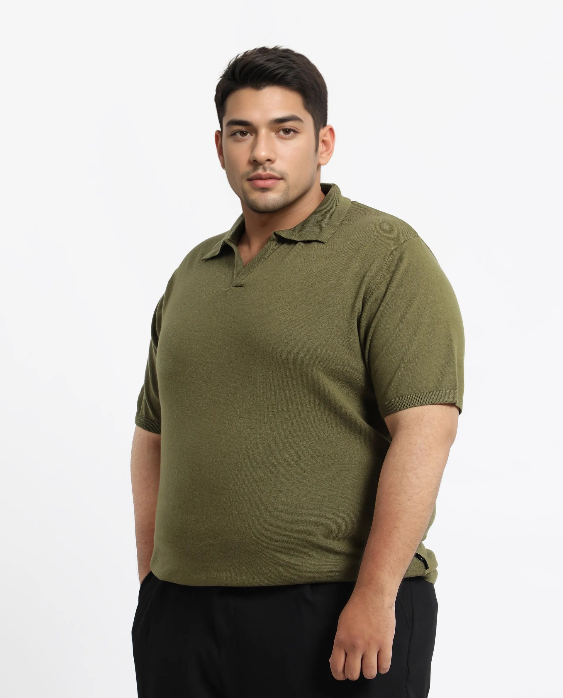 Rare Rabbit Men's Teny-L Olive Cotton Blend Plain Plus Size Half Sleeve Polo