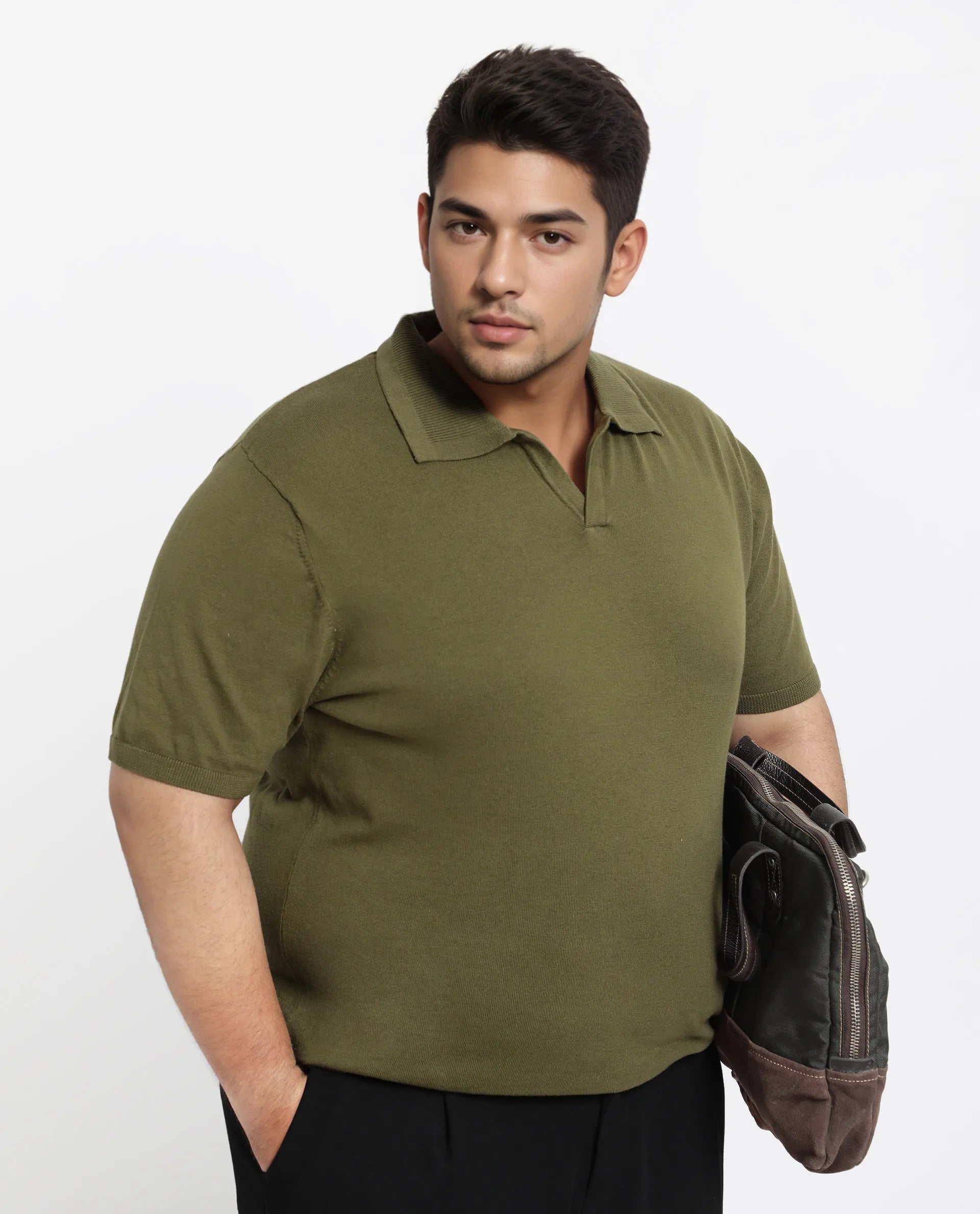 Rare Rabbit Men's Teny-L Olive Cotton Blend Plain Plus Size Half Sleeve Polo