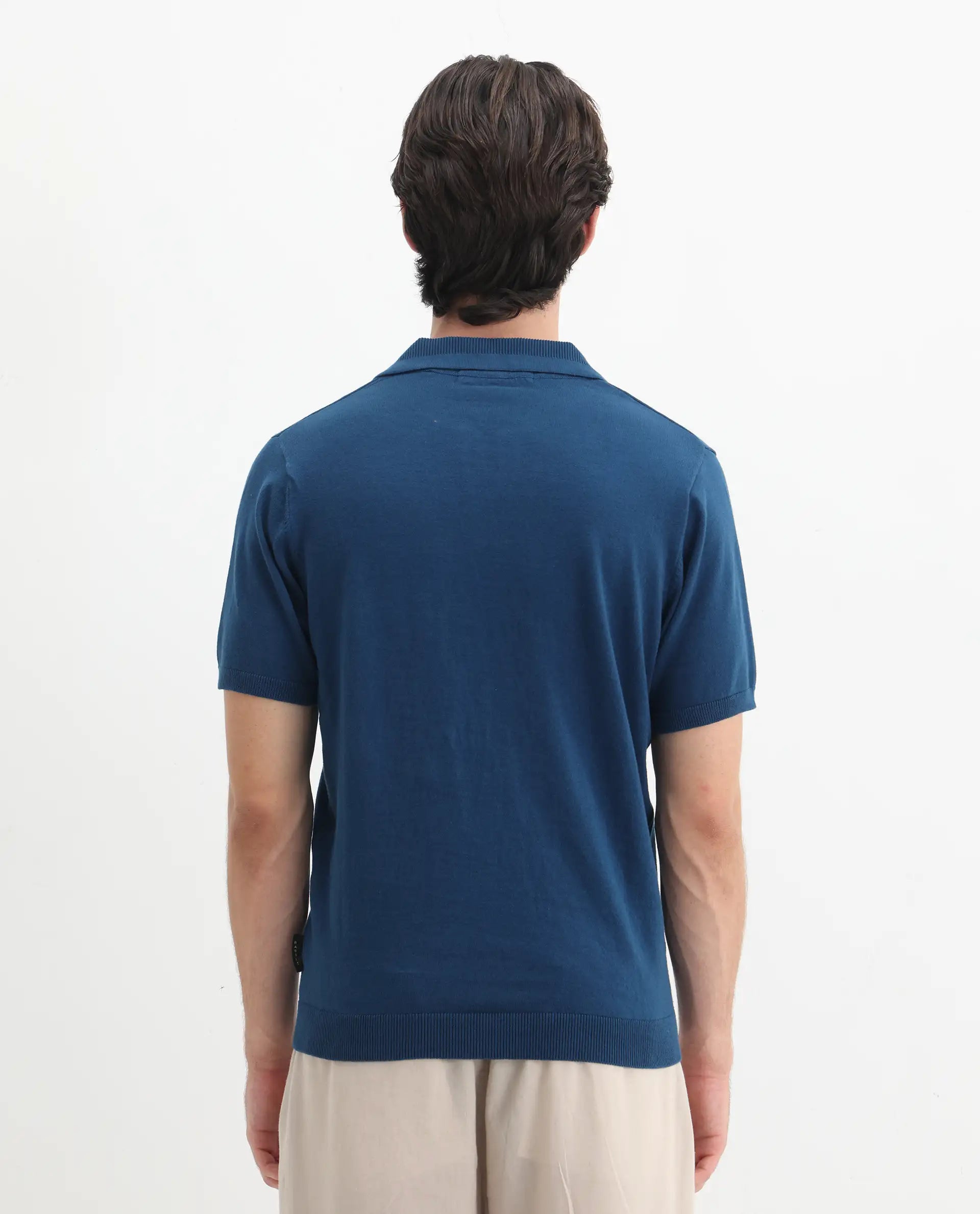 Rare Rabbit Men's Teny Dark Blue Cotton Blend Plain Regular Fit Half Sleeve Polo