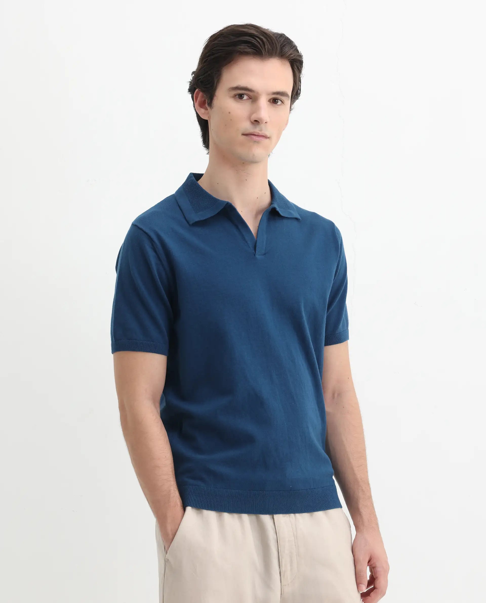 Rare Rabbit Men's Teny Dark Blue Cotton Blend Plain Regular Fit Half Sleeve Polo