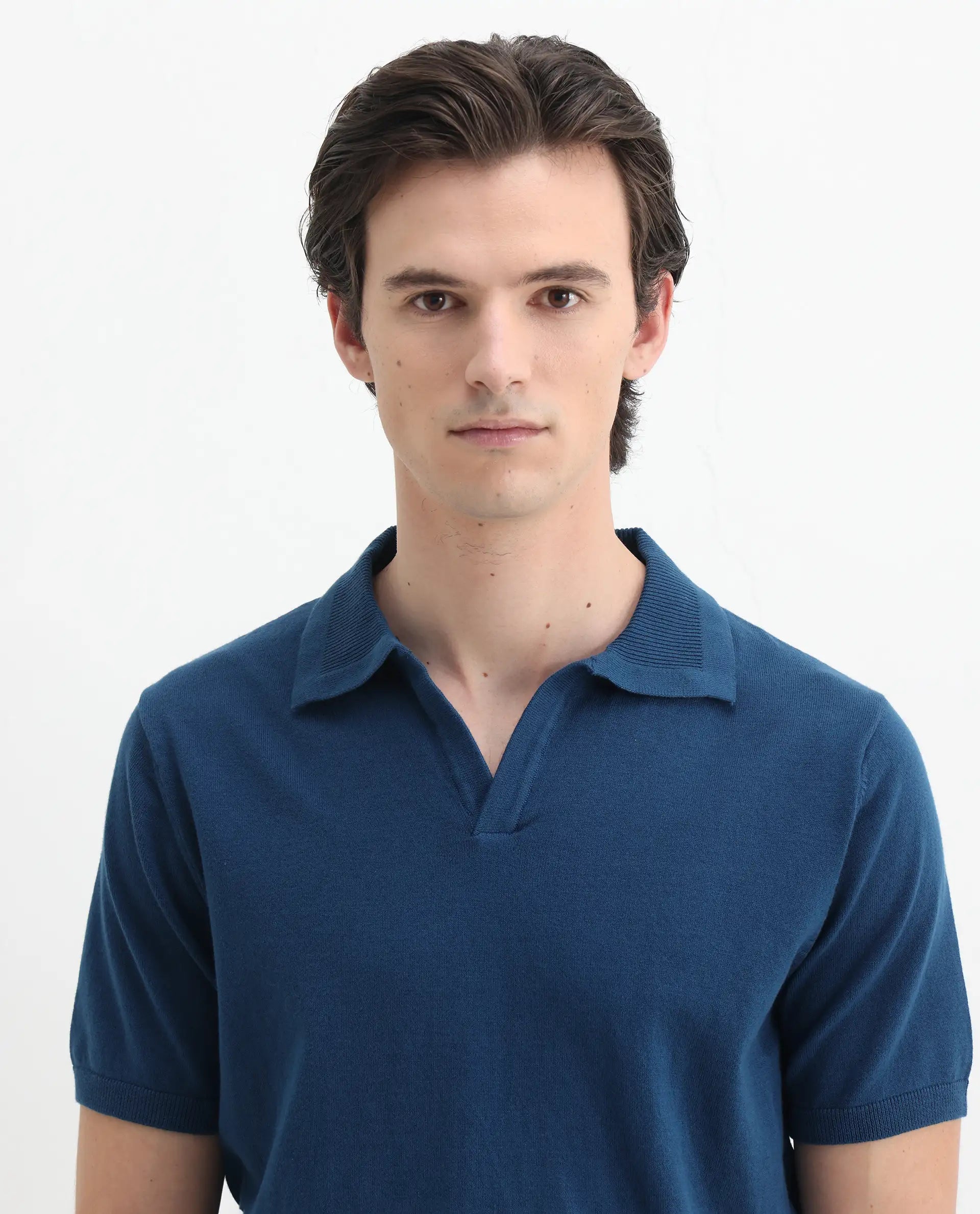 Rare Rabbit Men's Teny Dark Blue Cotton Blend Plain Regular Fit Half Sleeve Polo