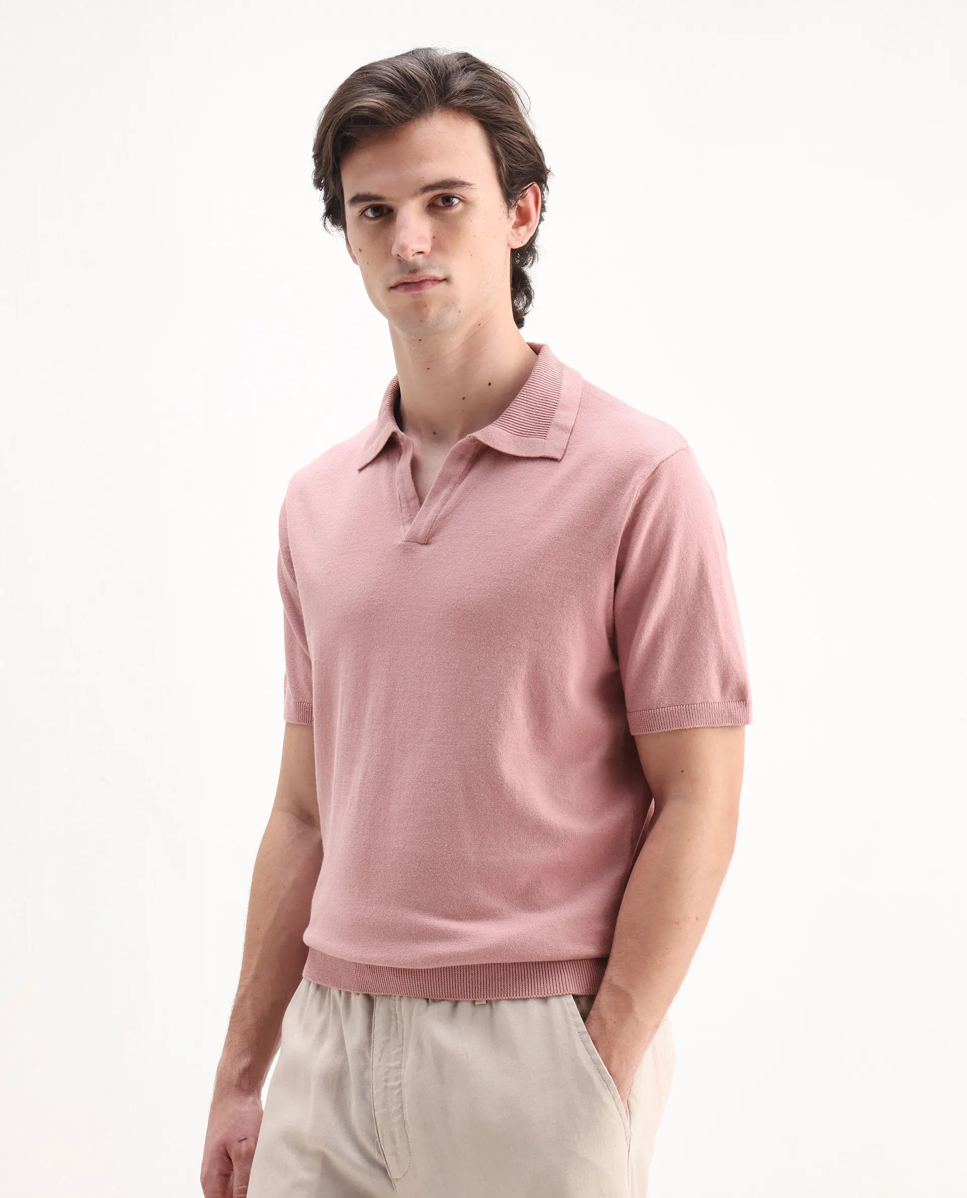 Rare Rabbit Men's Teny Dusky Pink Cotton Blend Plain Regular Fit Half Sleeve Polo