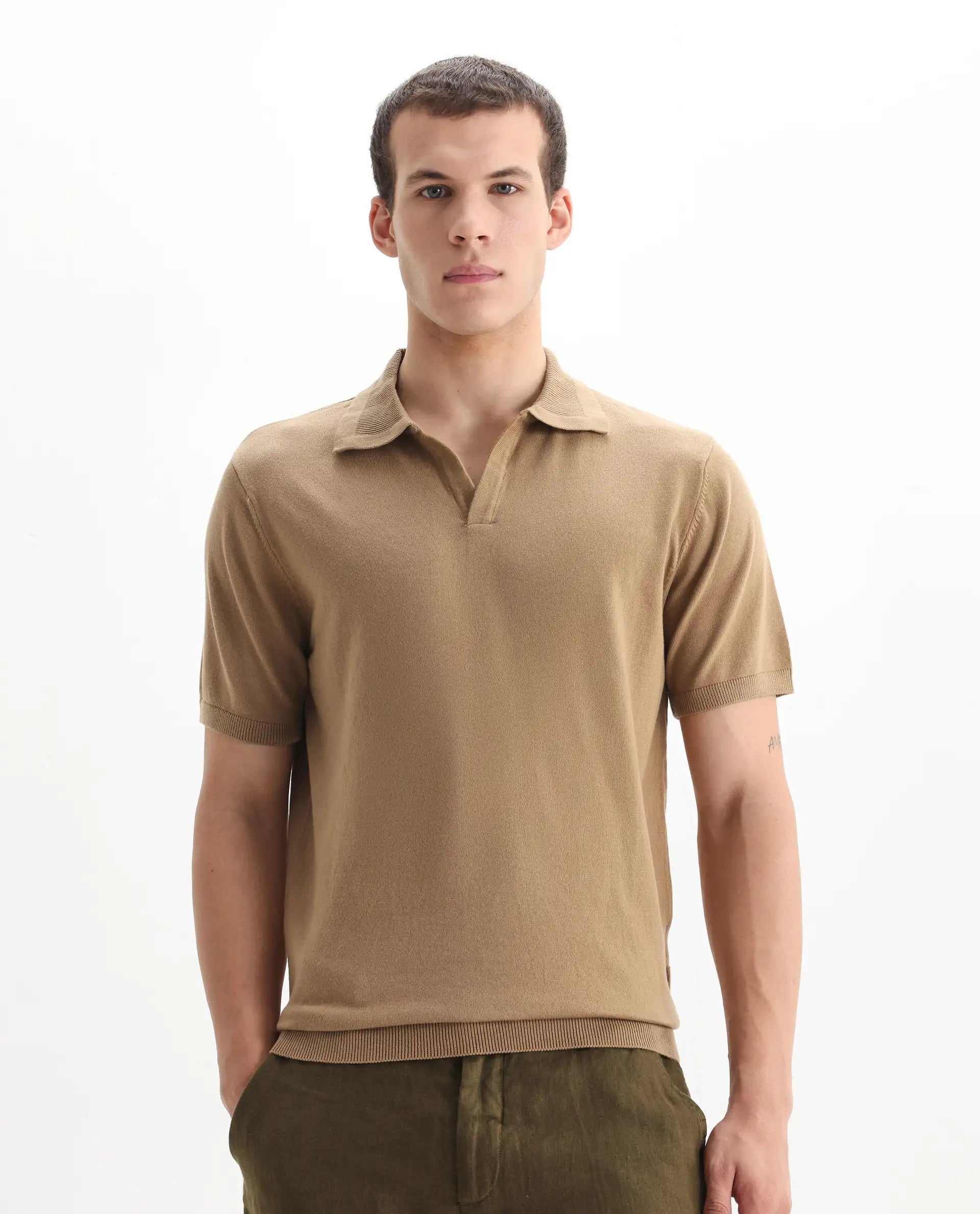 Rare Rabbit Men's Teny Khaki Cotton Blend Plain Regular Fit Half Sleeve Polo