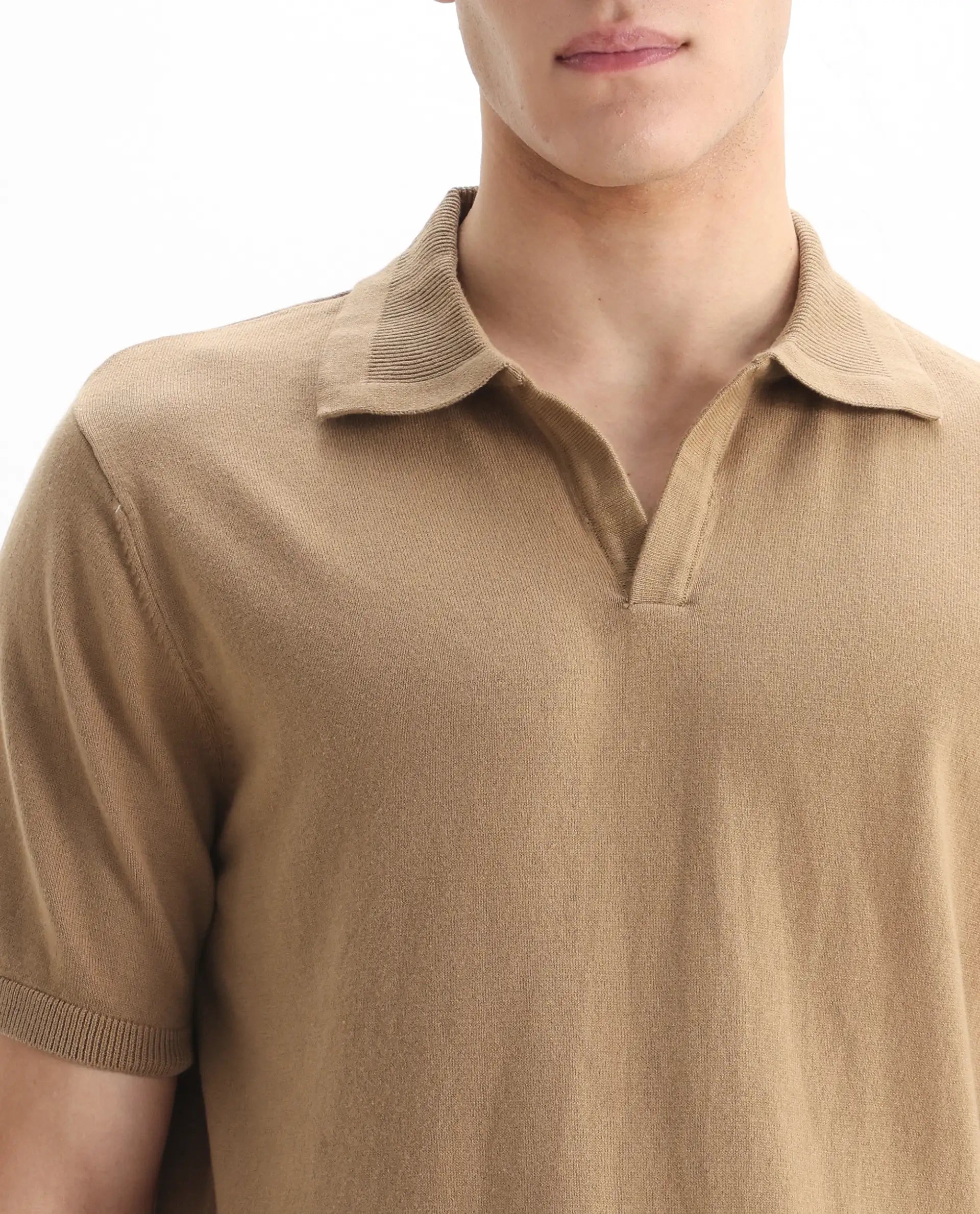 Rare Rabbit Men's Teny Khaki Cotton Blend Plain Regular Fit Half Sleeve Polo