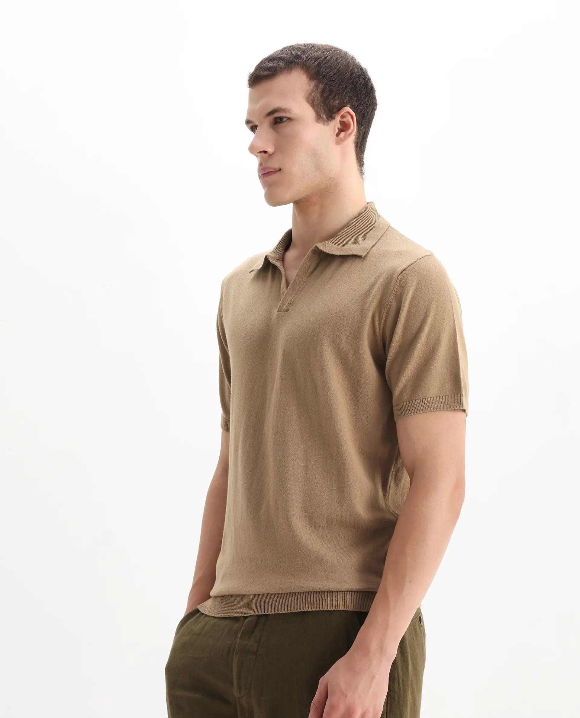 Rare Rabbit Men's Teny Khaki Cotton Blend Plain Regular Fit Half Sleeve Polo
