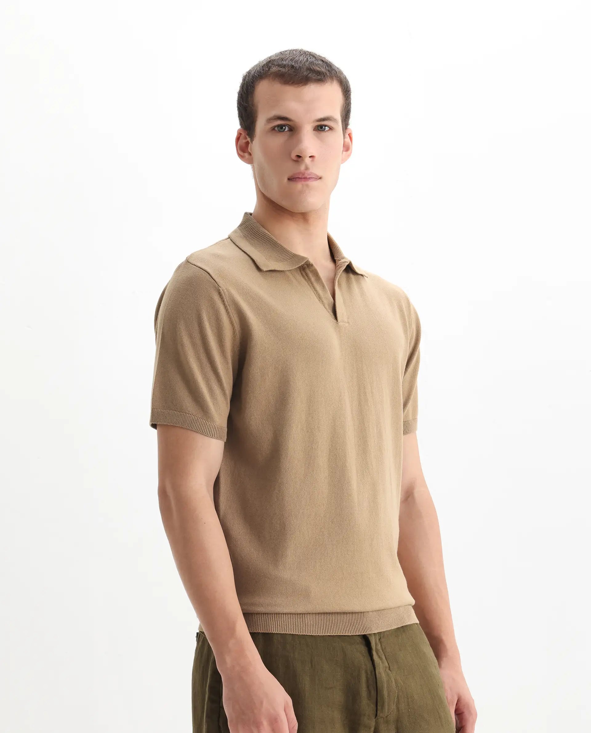 Rare Rabbit Men's Teny Khaki Cotton Blend Plain Regular Fit Half Sleeve Polo
