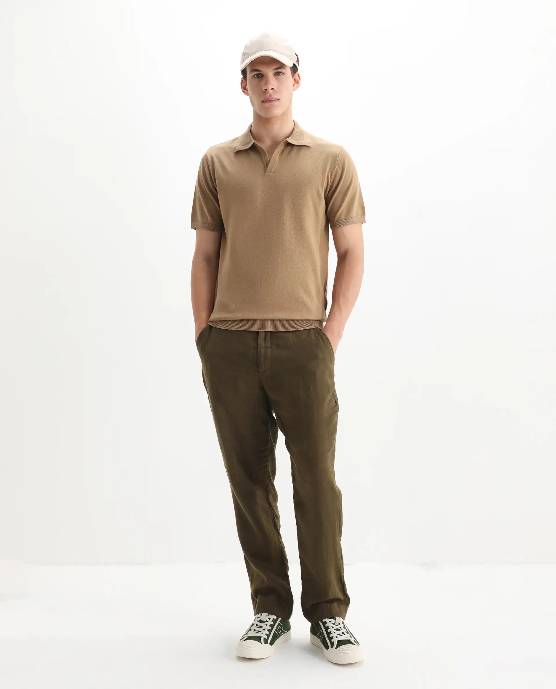 Rare Rabbit Men's Teny Khaki Cotton Blend Plain Regular Fit Half Sleeve Polo
