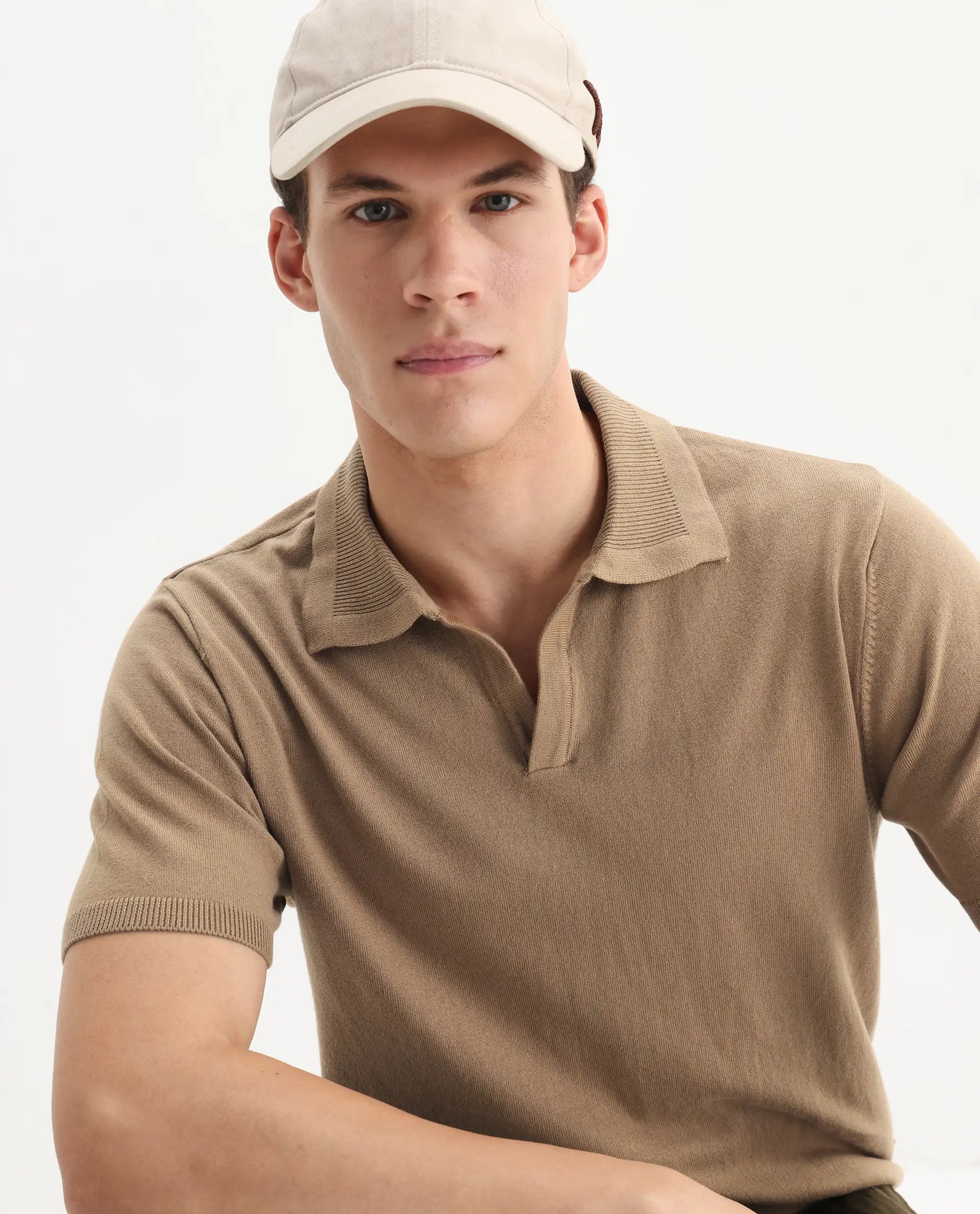 Rare Rabbit Men's Teny Khaki Cotton Blend Plain Regular Fit Half Sleeve Polo