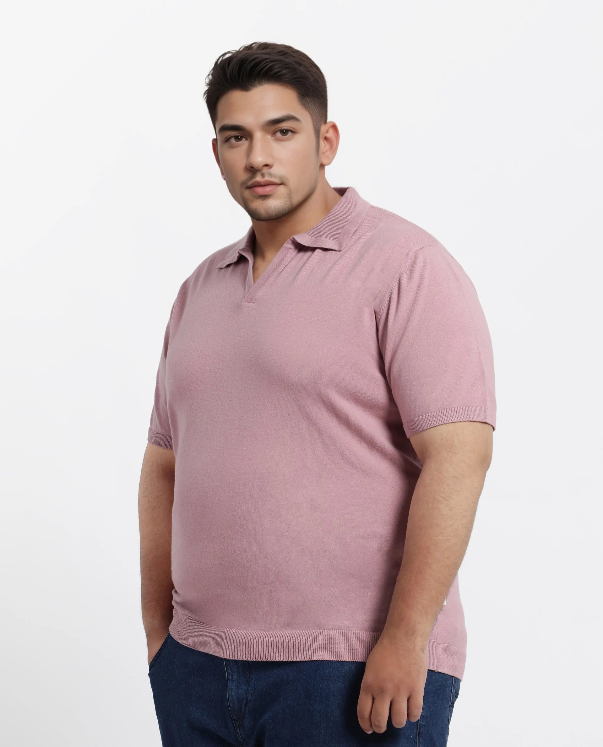 Rare Rabbit Men's Teny-L Dusky Pink Cotton Blend Plain Plus Size Half Sleeve Polo