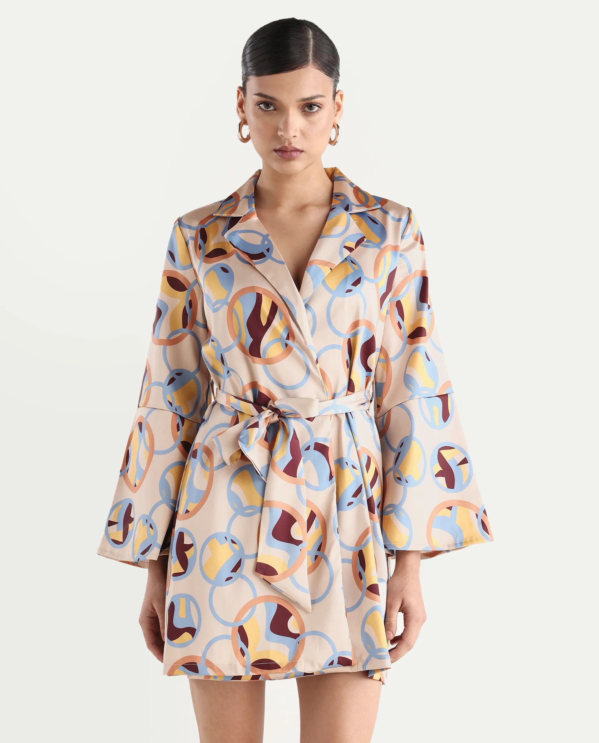 Rareism Women's Tepec Light Multi Satin Lapel Neck Abstract Print Bell Sleeve Mini Regular Fit Dress