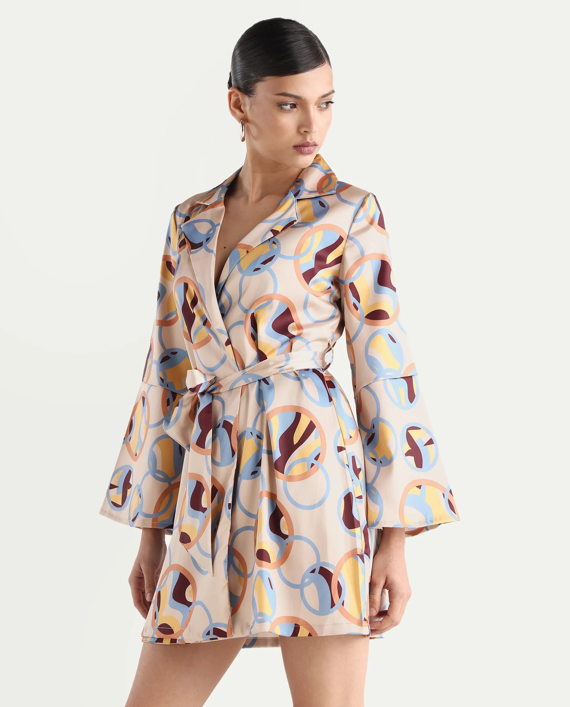 Rareism Women's Tepec Light Multi Satin Lapel Neck Abstract Print Bell Sleeve Mini Regular Fit Dress