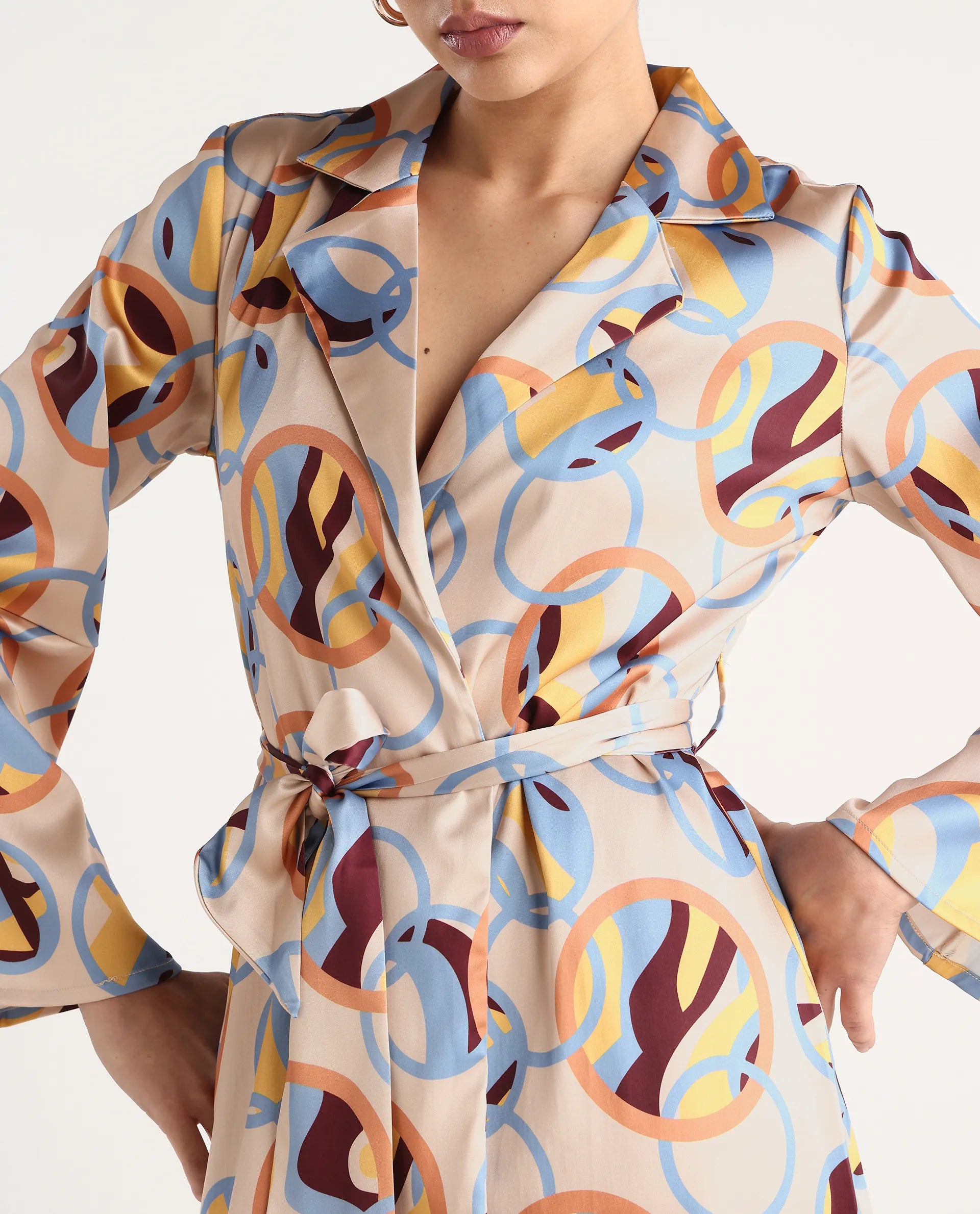 Rareism Women's Tepec Light Multi Satin Lapel Neck Abstract Print Bell Sleeve Mini Regular Fit Dress