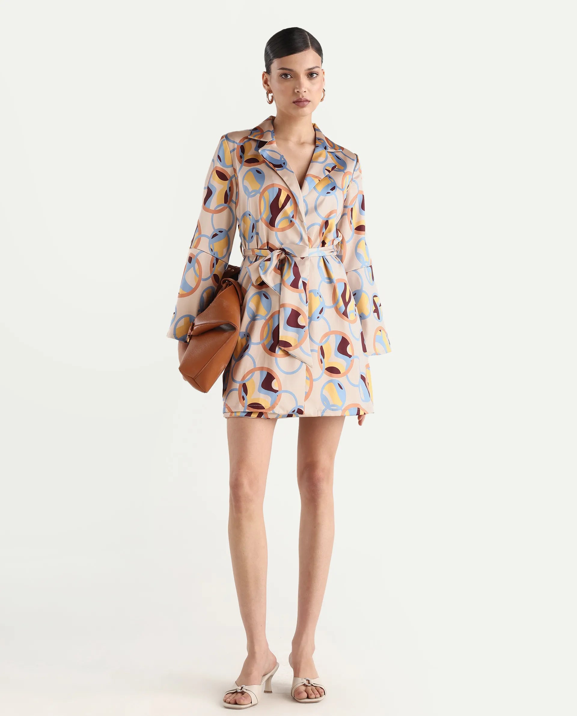 Rareism Women's Tepec Light Multi Satin Lapel Neck Abstract Print Bell Sleeve Mini Regular Fit Dress