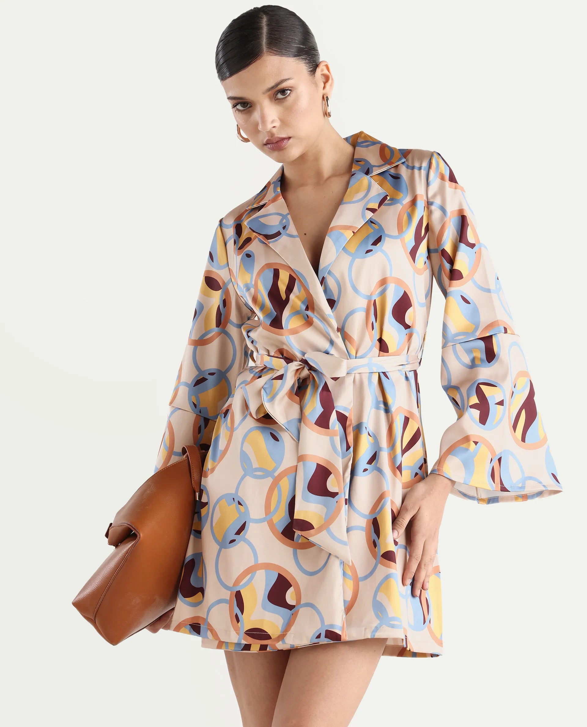 Rareism Women's Tepec Light Multi Satin Lapel Neck Abstract Print Bell Sleeve Mini Regular Fit Dress