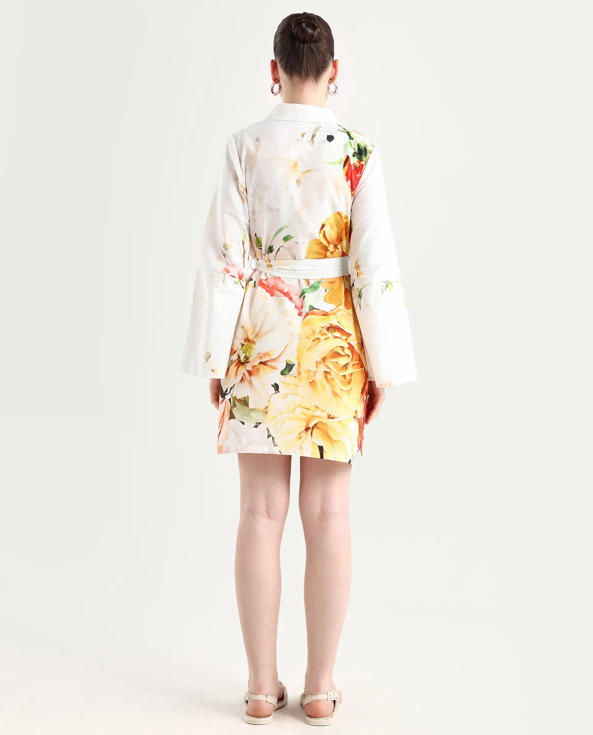 Rareism Women's Tepeco Light Multi Cotton Blend Lapel Neck Floral Print Bell Sleeve Mini Straight Fit Dress