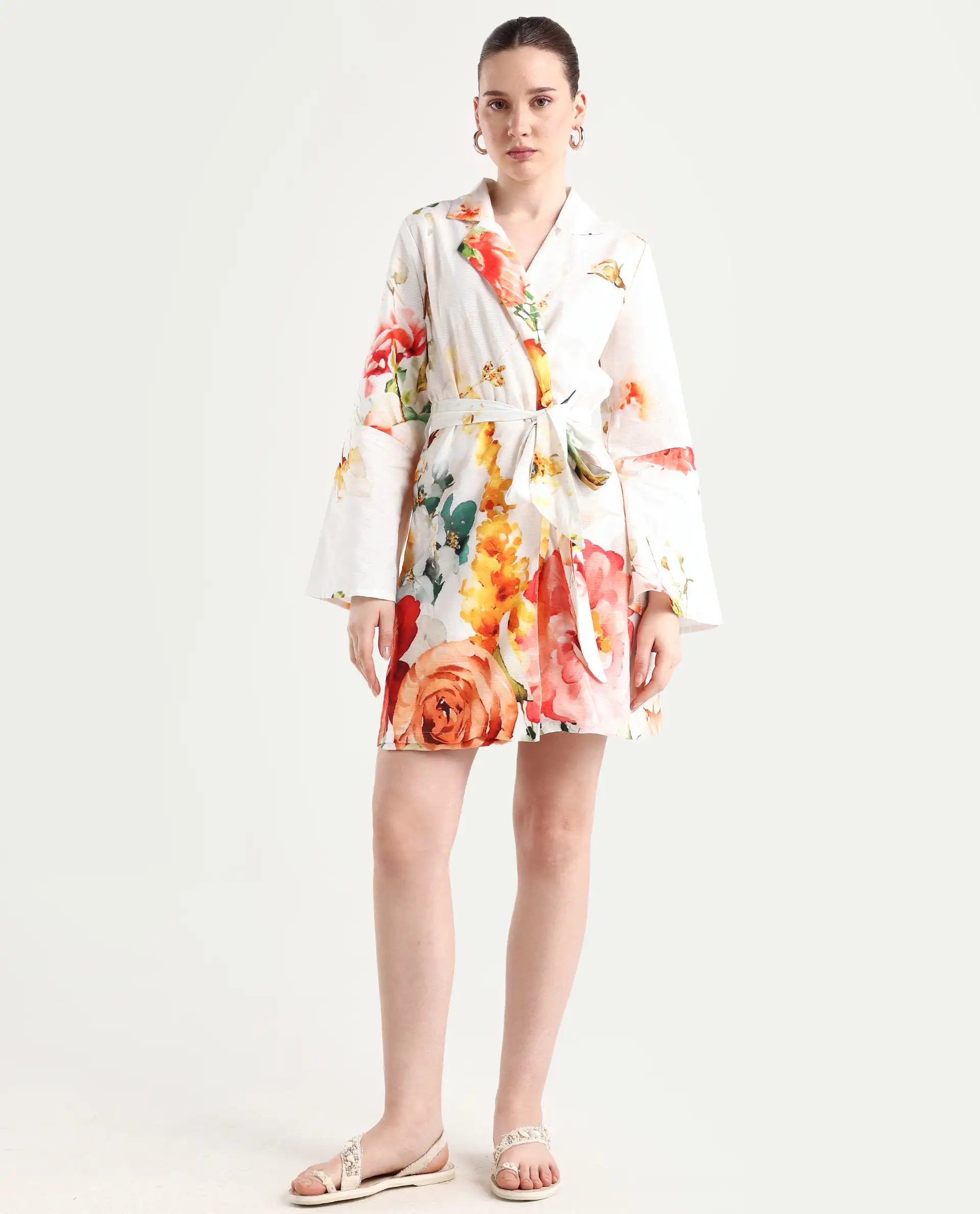 Rareism Women's Tepeco Light Multi Cotton Blend Lapel Neck Floral Print Bell Sleeve Mini Straight Fit Dress