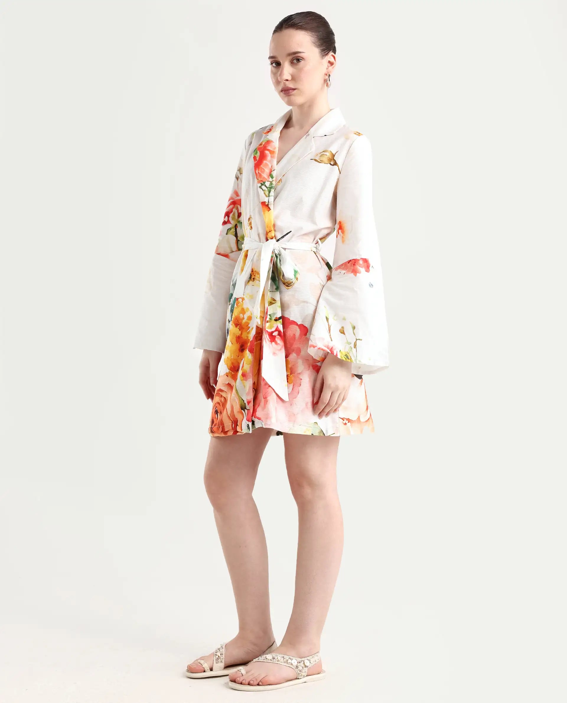 Rareism Women's Tepeco Light Multi Cotton Blend Lapel Neck Floral Print Bell Sleeve Mini Straight Fit Dress