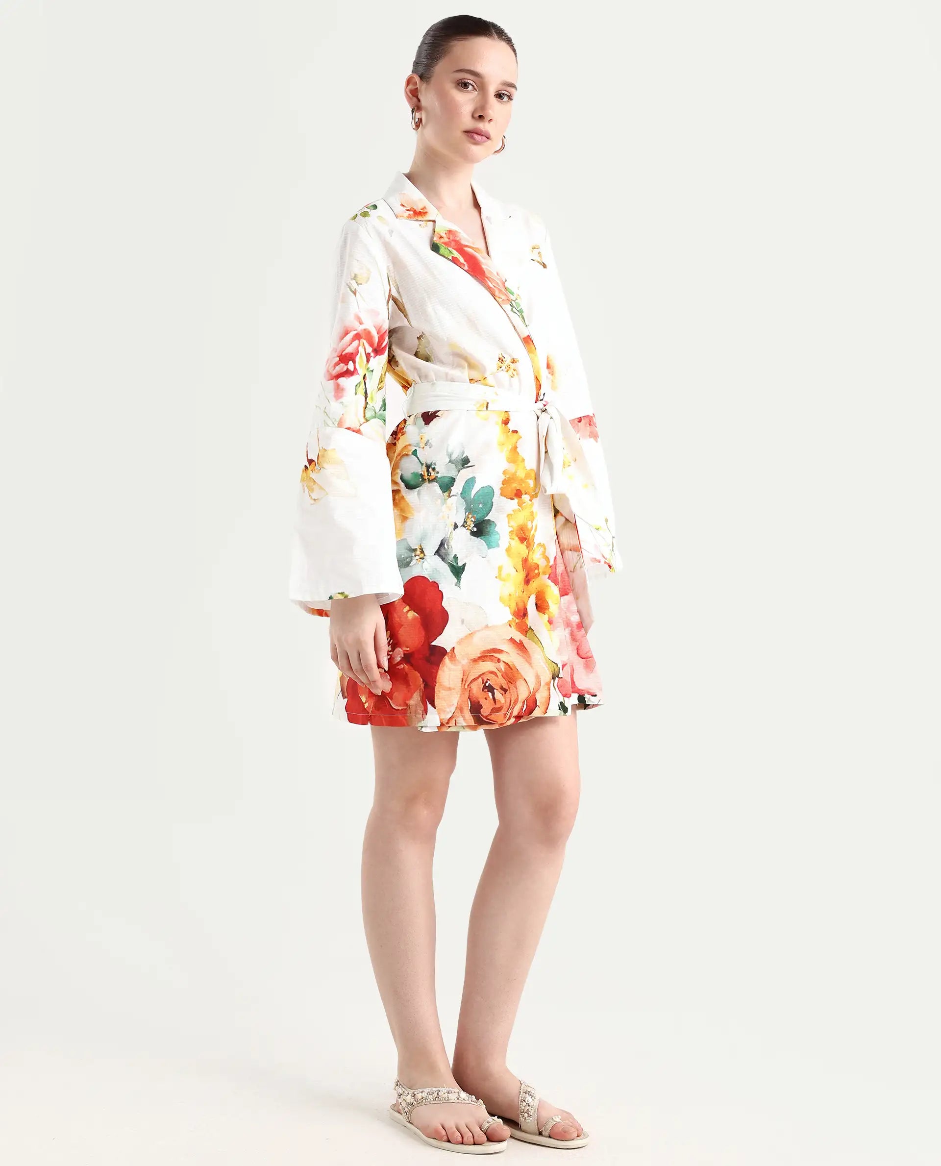 Rareism Women's Tepeco Light Multi Cotton Blend Lapel Neck Floral Print Bell Sleeve Mini Straight Fit Dress