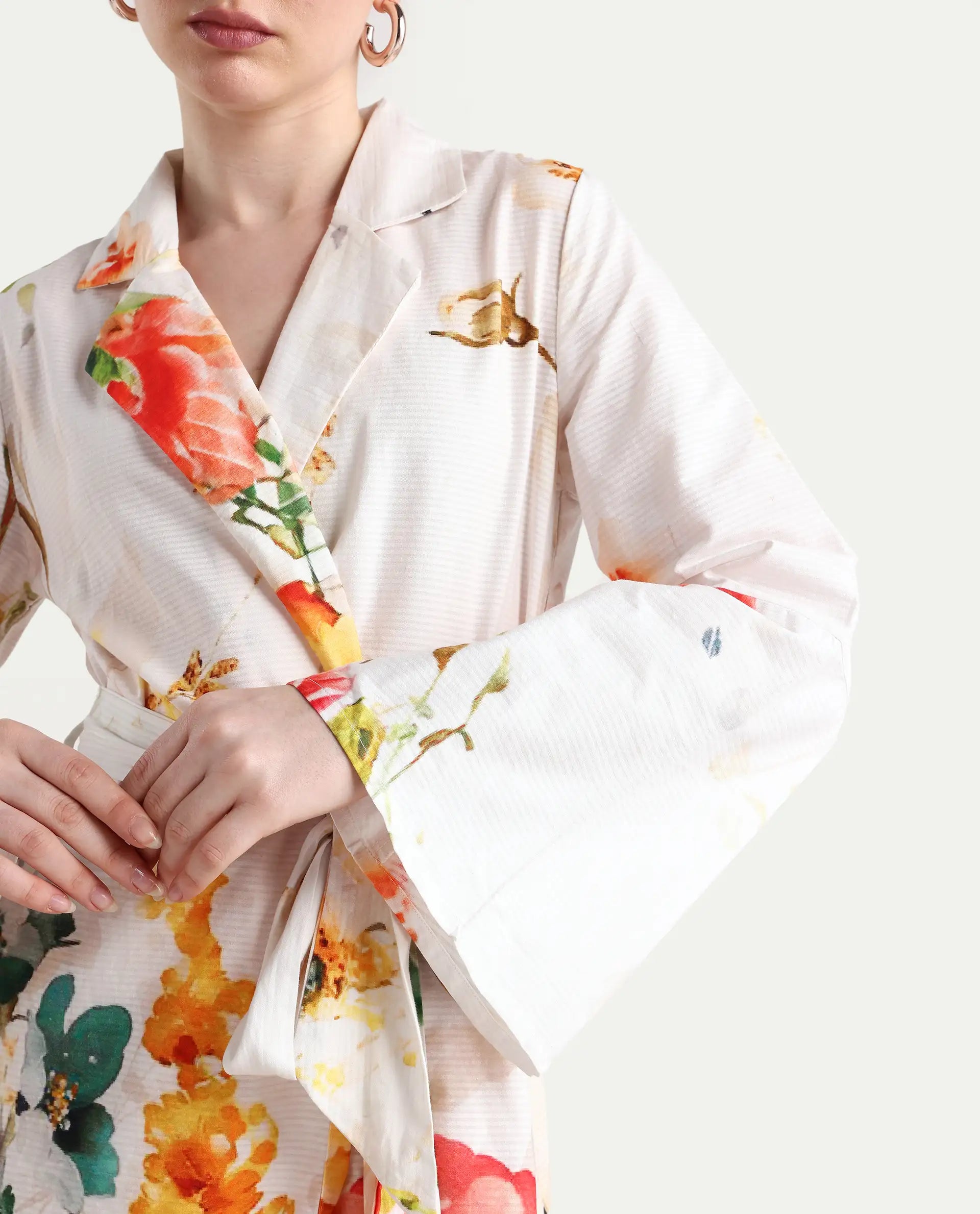 Rareism Women's Tepeco Light Multi Cotton Blend Lapel Neck Floral Print Bell Sleeve Mini Straight Fit Dress