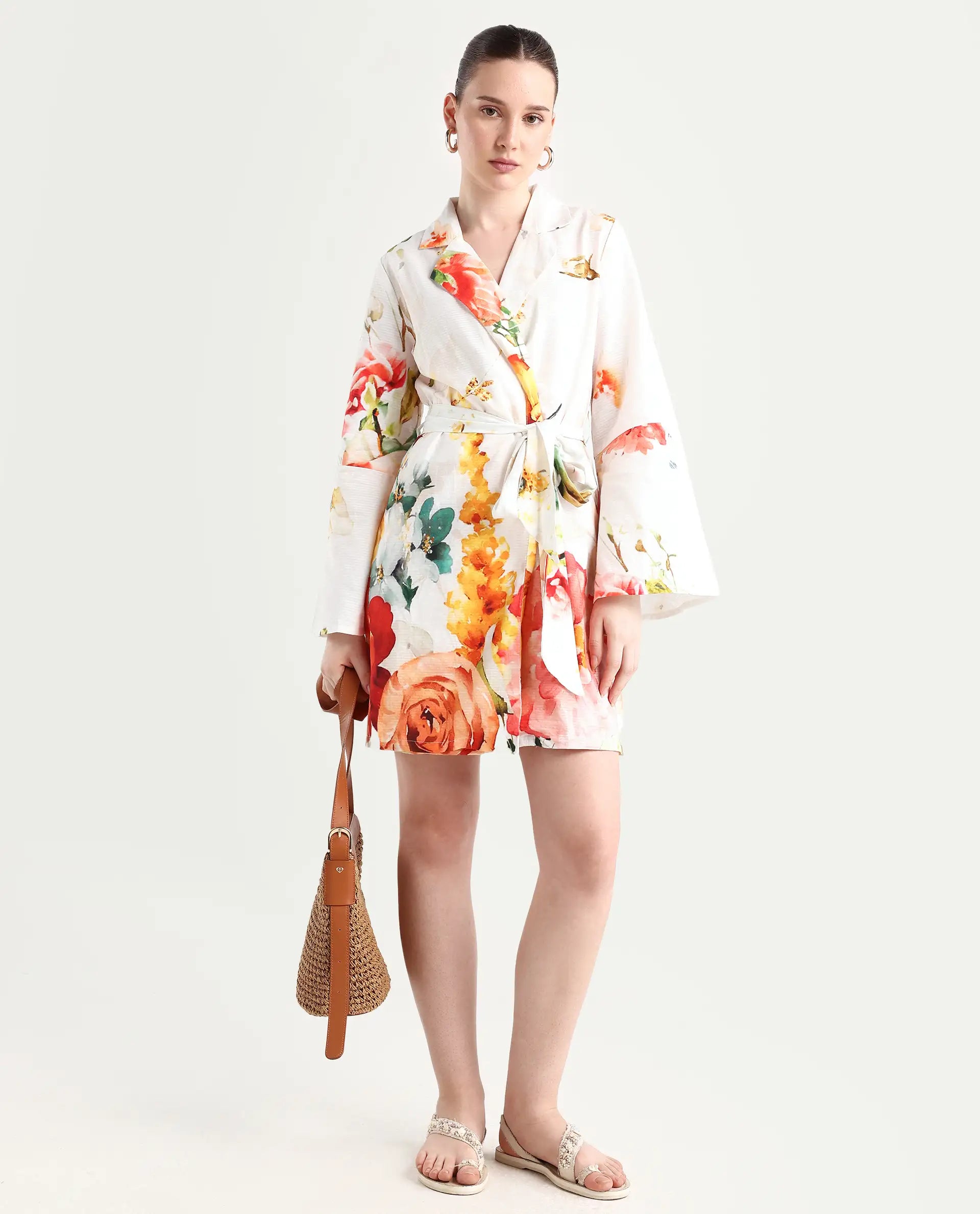 Rareism Women's Tepeco Light Multi Cotton Blend Lapel Neck Floral Print Bell Sleeve Mini Straight Fit Dress