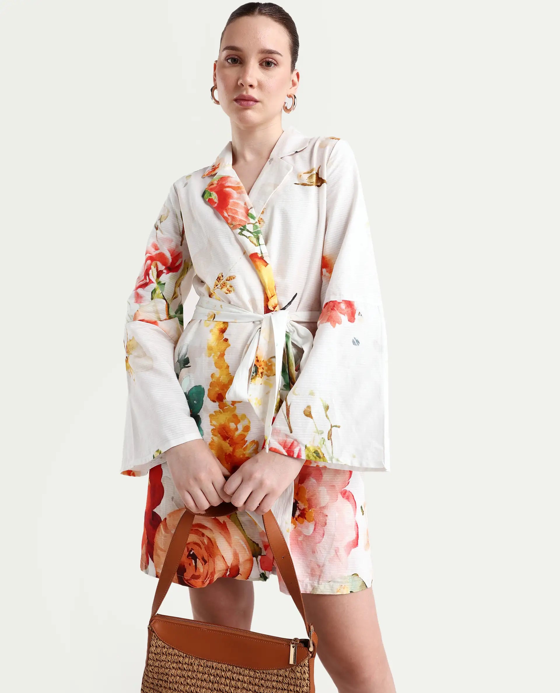 Rareism Women's Tepeco Light Multi Cotton Blend Lapel Neck Floral Print Bell Sleeve Mini Straight Fit Dress