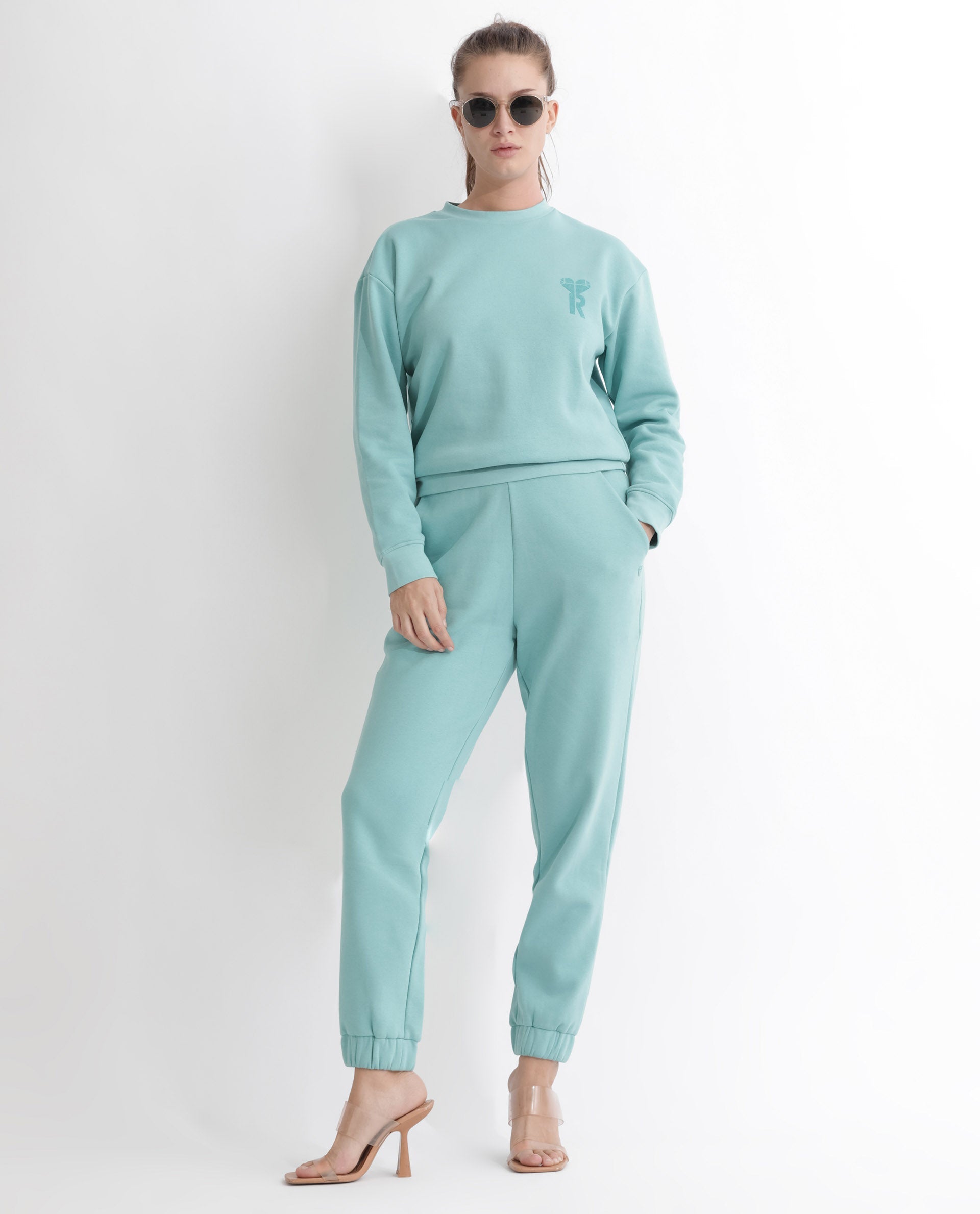 Rareism Articale Women Terac F Light Turq Poly Cotton Fabric Drawstring Closure Regular Fit Plain Ankle Length Track Pant