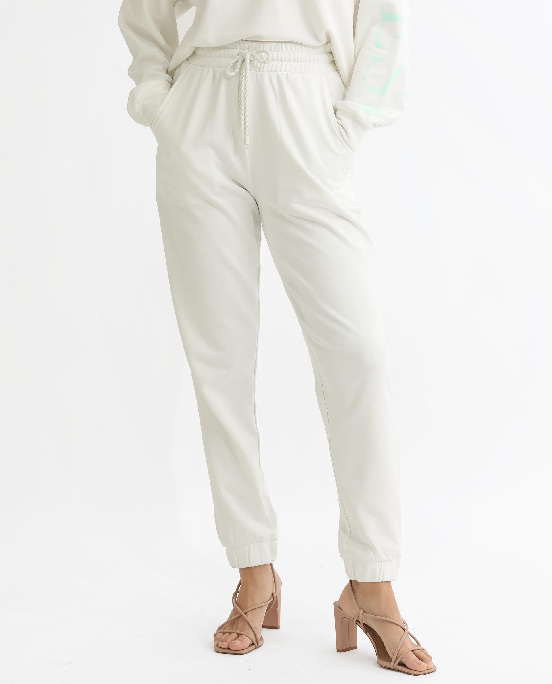 Rareism Articale Women Terac T Off White Poly Cotton Fabric Drawstring Closure Regular Fit Plain Ankle Length Track Pant