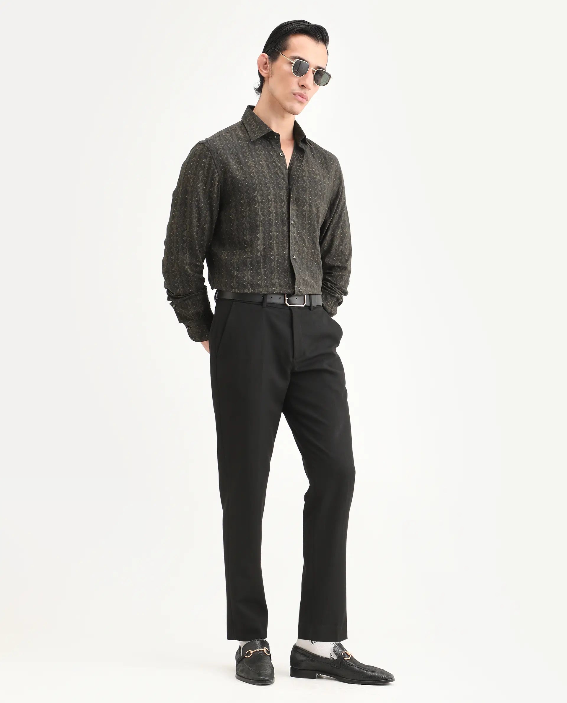 Rare Rabbit Men's Terk-L Black Viscose Fabric Full Sleeve Spread Collar Regular Fit Geometric Print Shirt