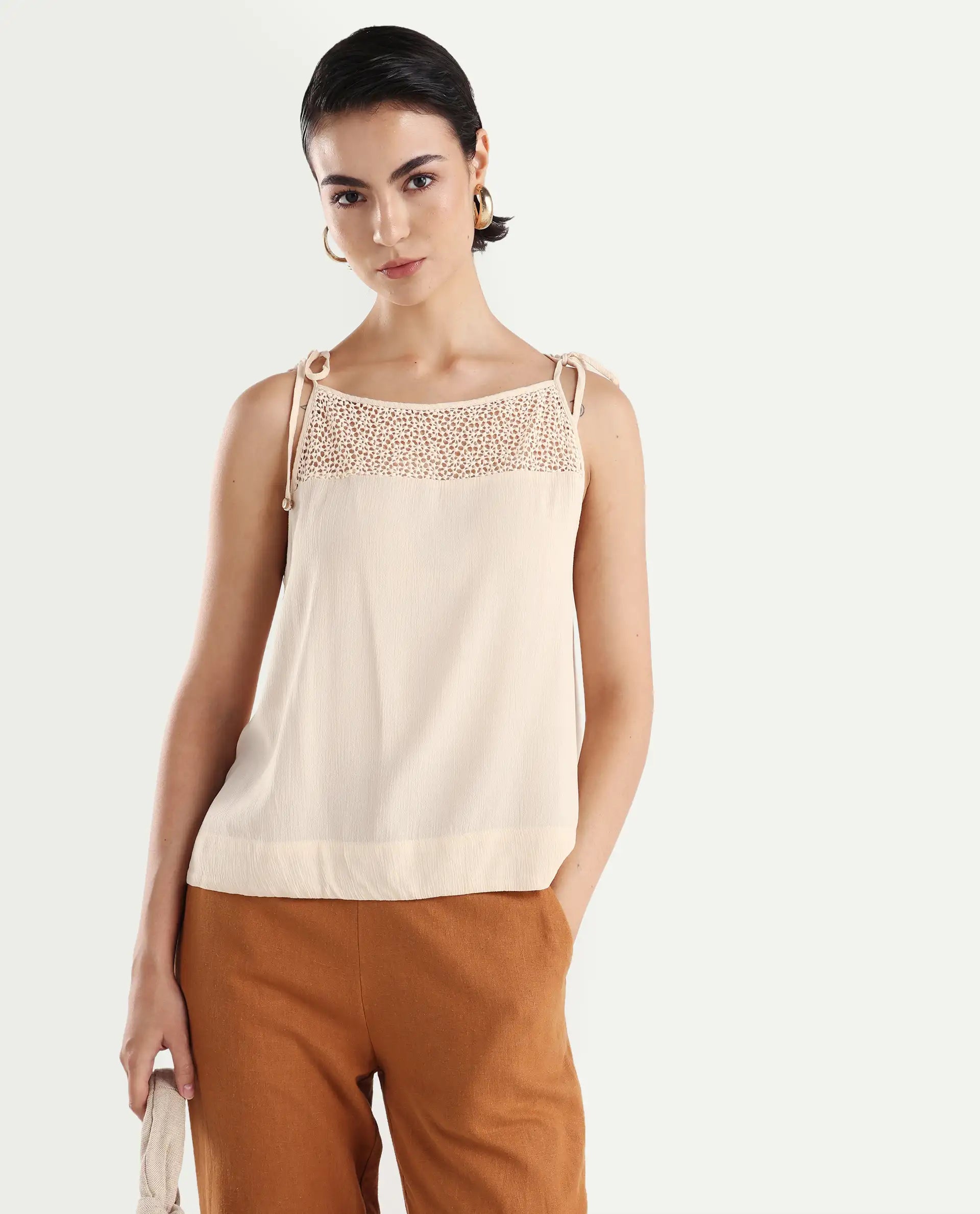 Rareism Women's Terni Off White Rayon Shoulder Strap Floral Print Extended Sleeves Regular Fit Top