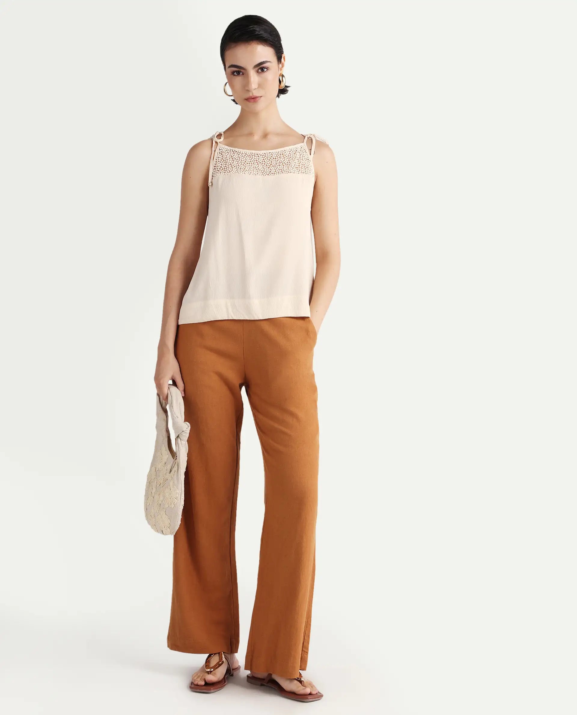 Rareism Women's Terni Off White Rayon Shoulder Strap Floral Print Extended Sleeves Regular Fit Top