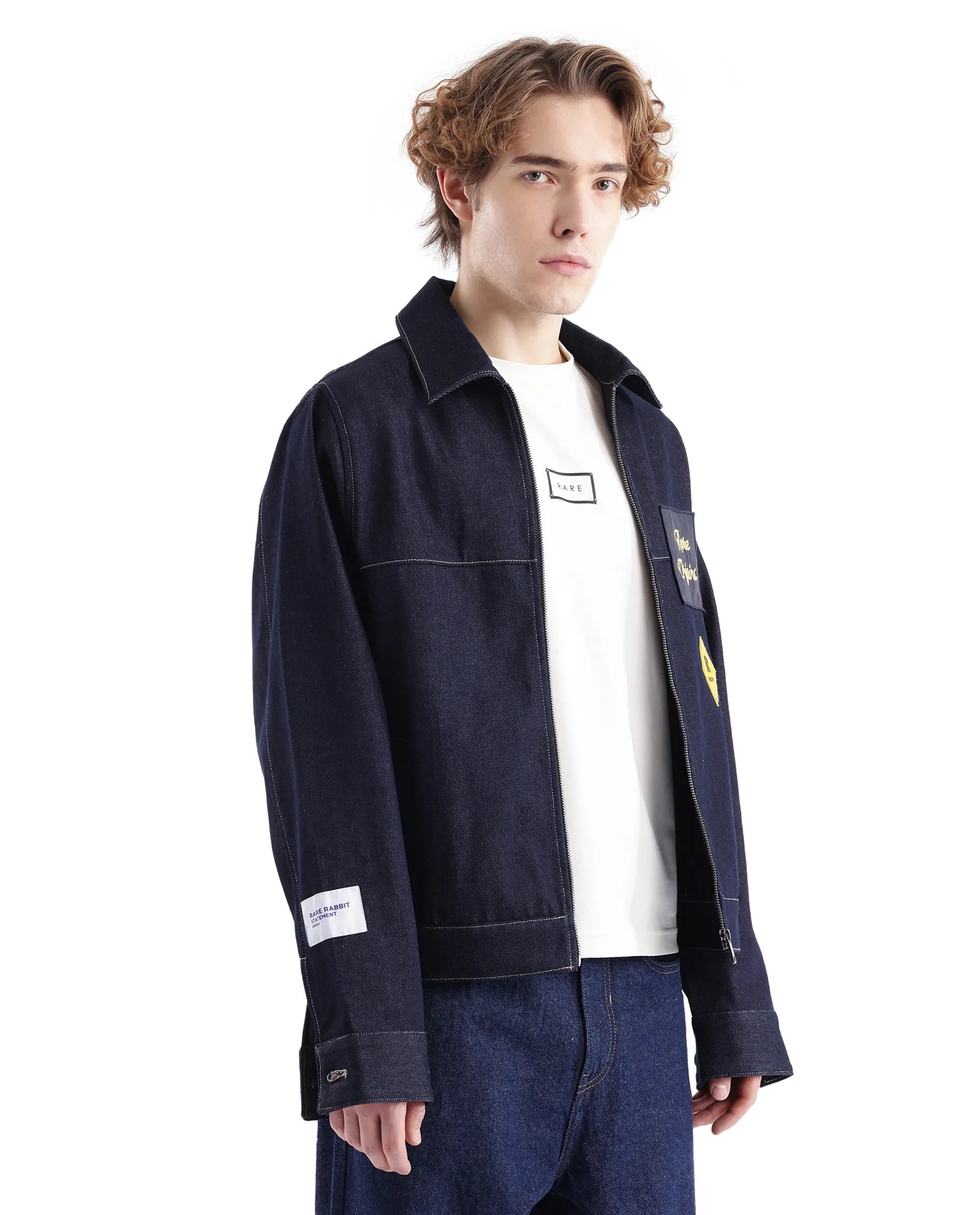 Rare Rabbit Men Teron Blue Cotton Fabric Collared Neck Jacket