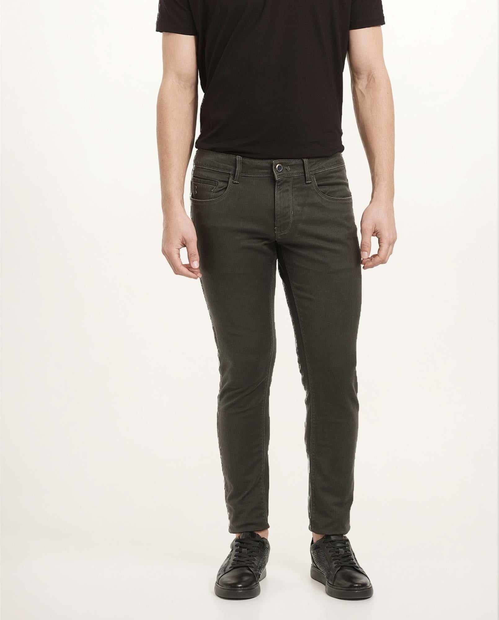 Rare Rabbit Men's Terra Olive Button & Zip Closure Slim Fit Jeans