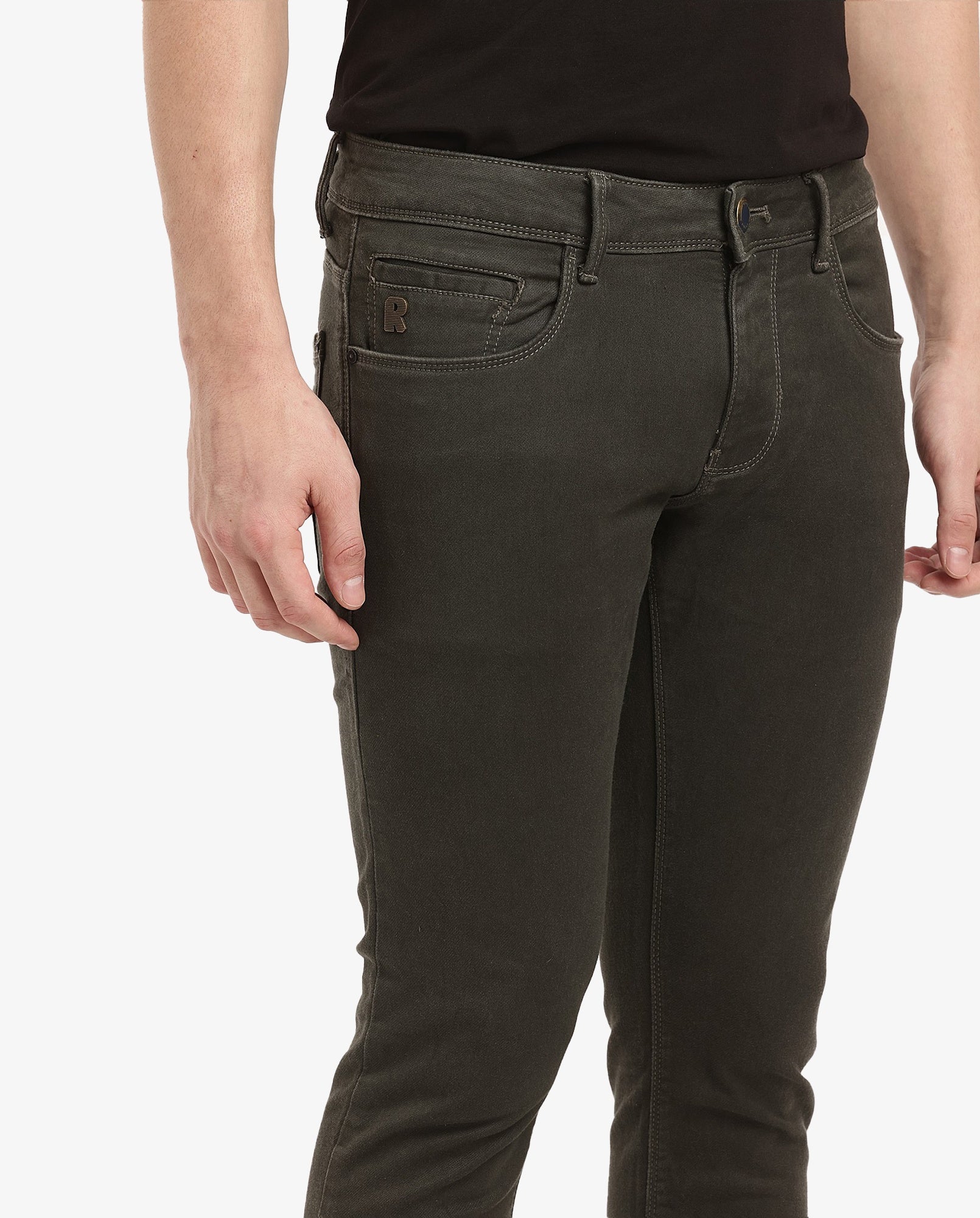 Rare Rabbit Men's Terra Olive Button & Zip Closure Slim Fit Jeans